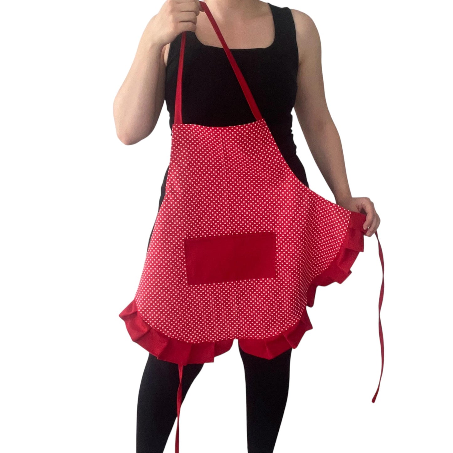 Vintage Red Polka Dot Apron with Ruffles & Pocket | Handmade Retro Water-Repellent Kitchen Cooking Apron