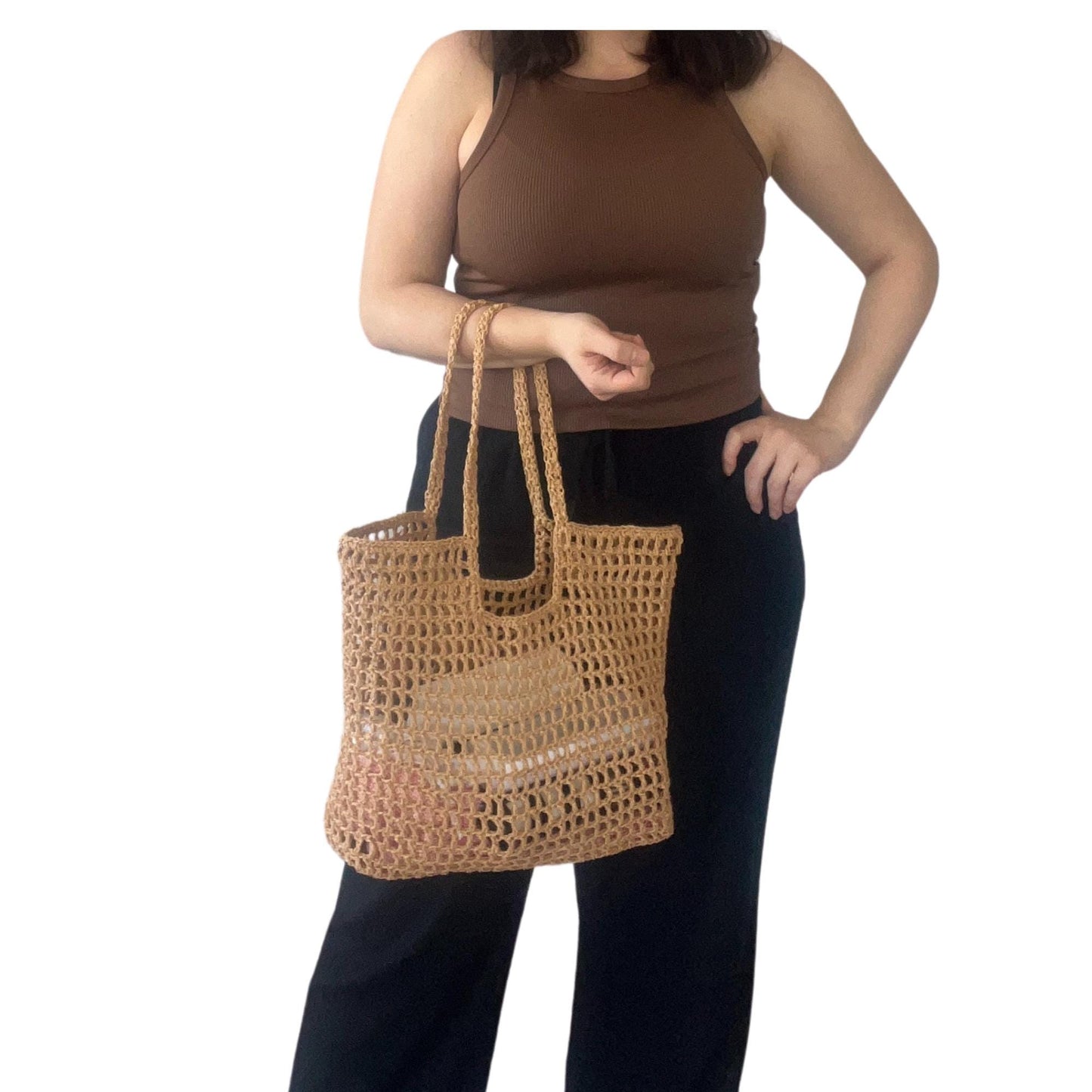 Handmade Crochet Mesh Tote Bag | Natural Straw Color Paper Yarn Summer Beach & Market Bag