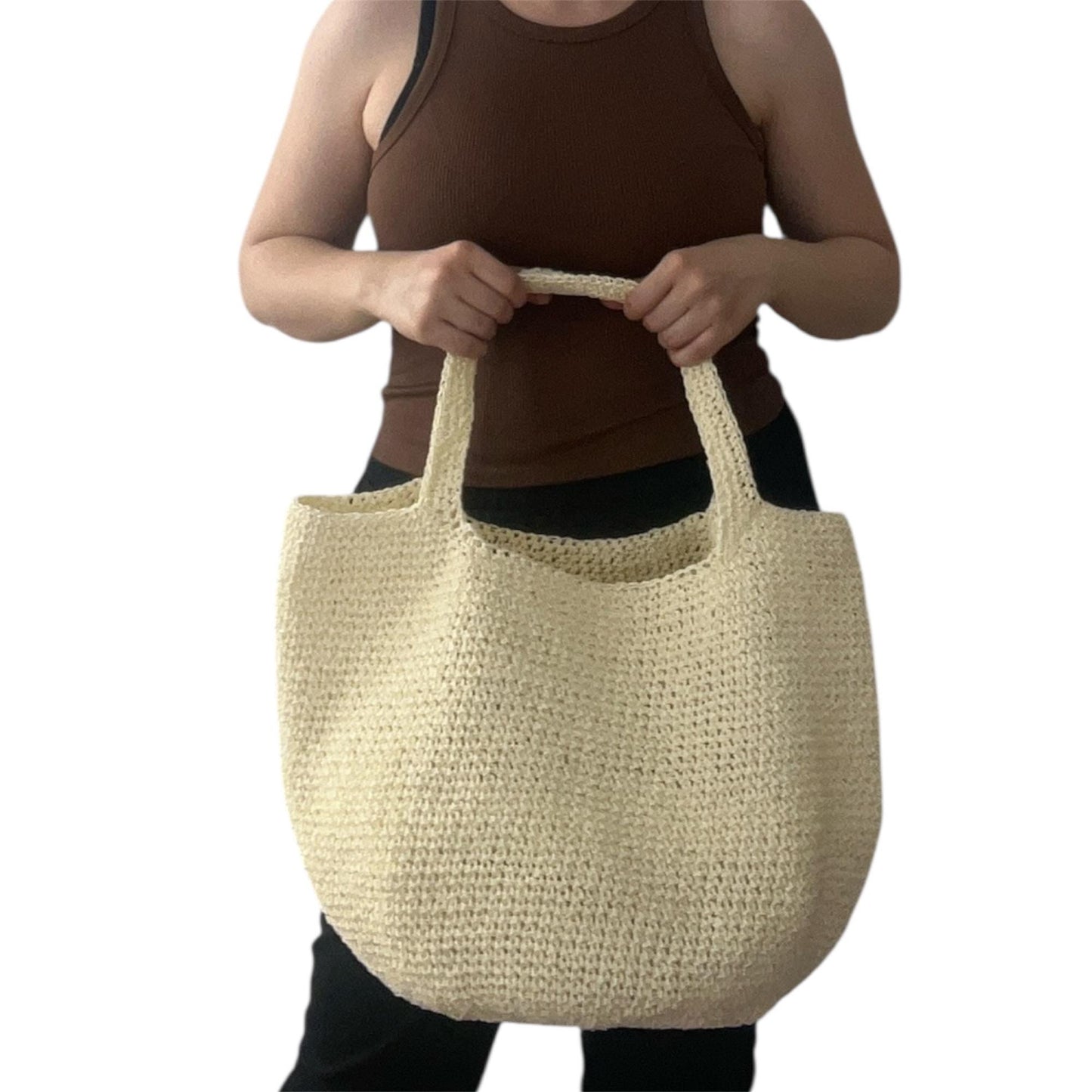 Handmade Crochet Solid Tote Bag – Ecru Oversized Summer Beach & Market Bag – Durable Paper Yarn Shoulder Tote