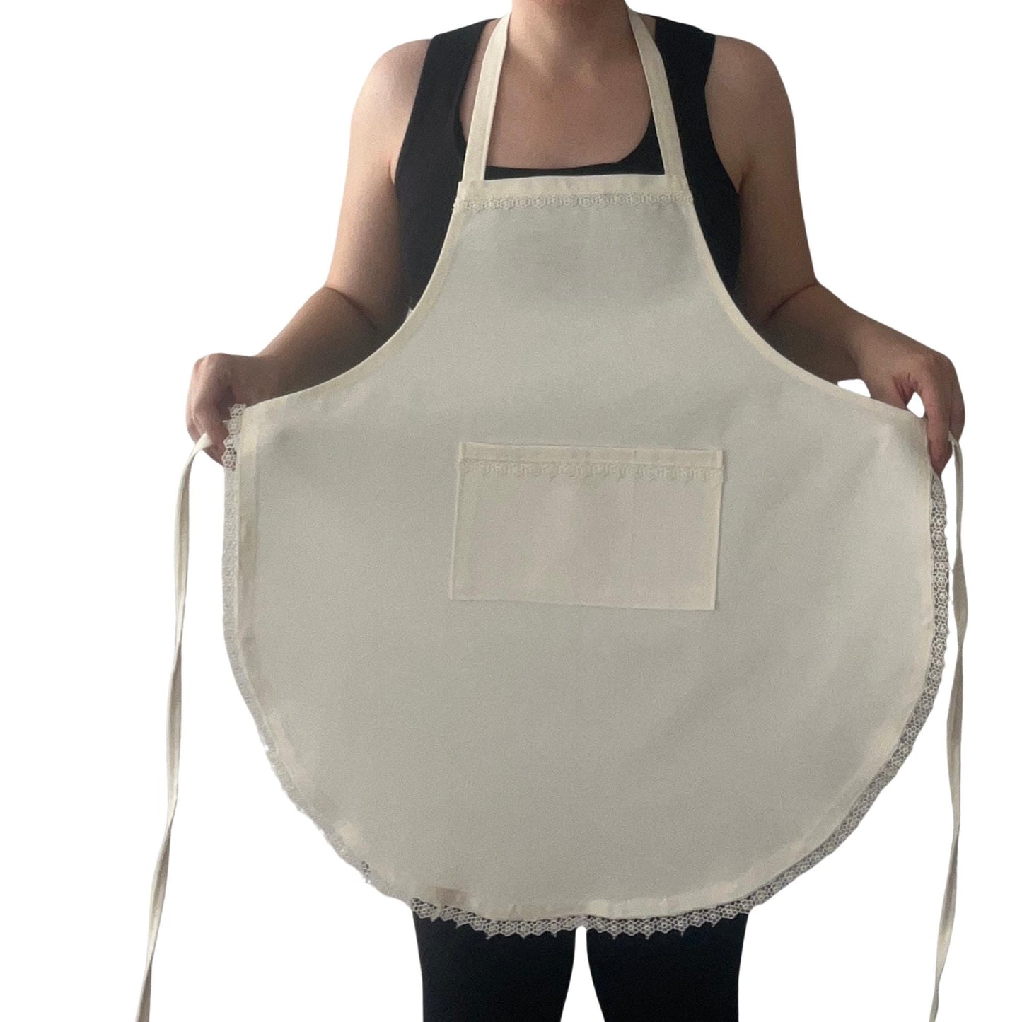Handmade Ecru Full Apron with Lace Trim & Pocket | Water & Stain Resistant Cotton Blend Kitchen Cooking Apron