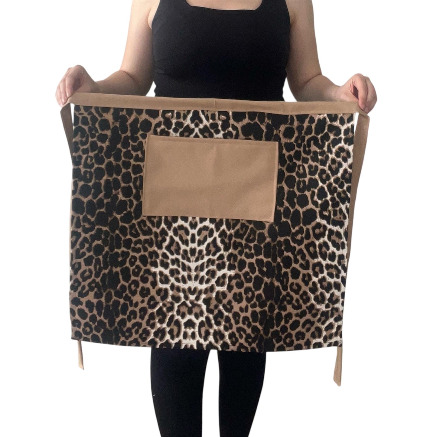 Leopard Print Half Apron with Beige Pocket | Water-Repellent Handmade Kitchen Apron