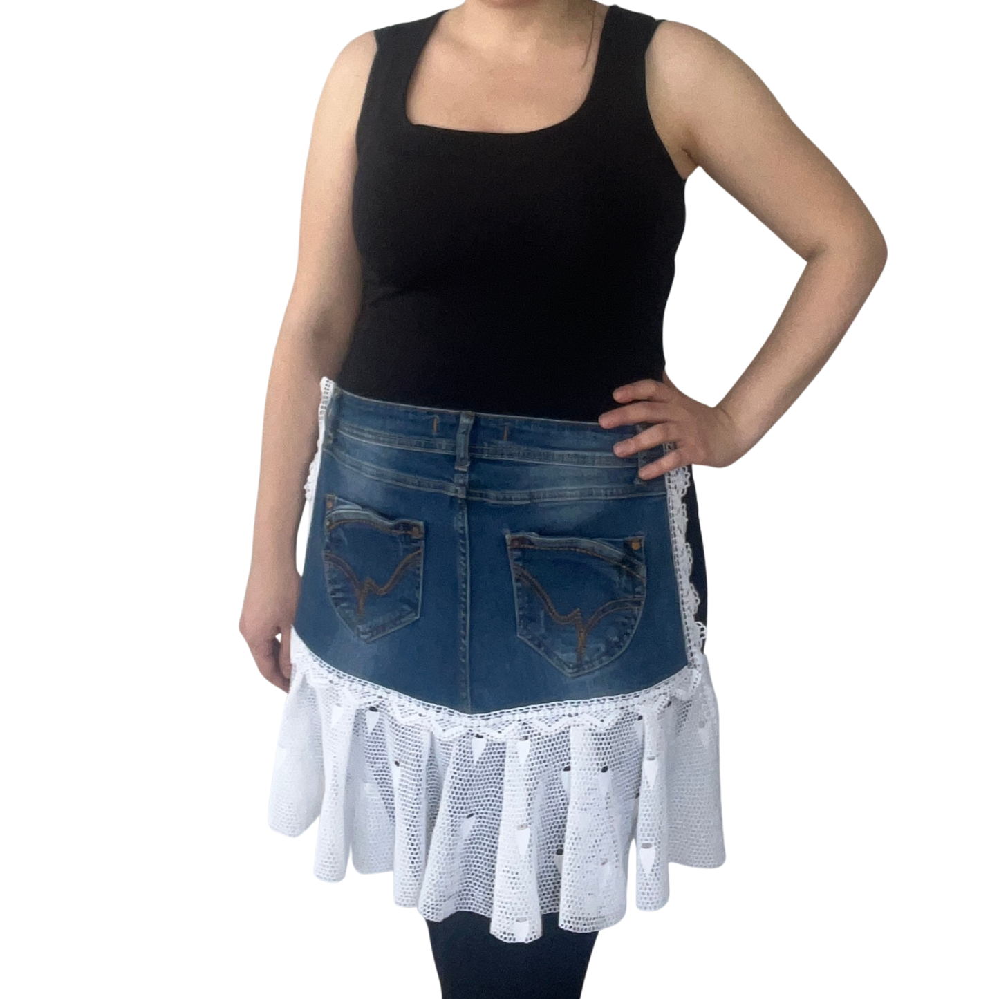 Upcycled Denim Half Apron with Lace Trim – Handmade Kitchen Apron