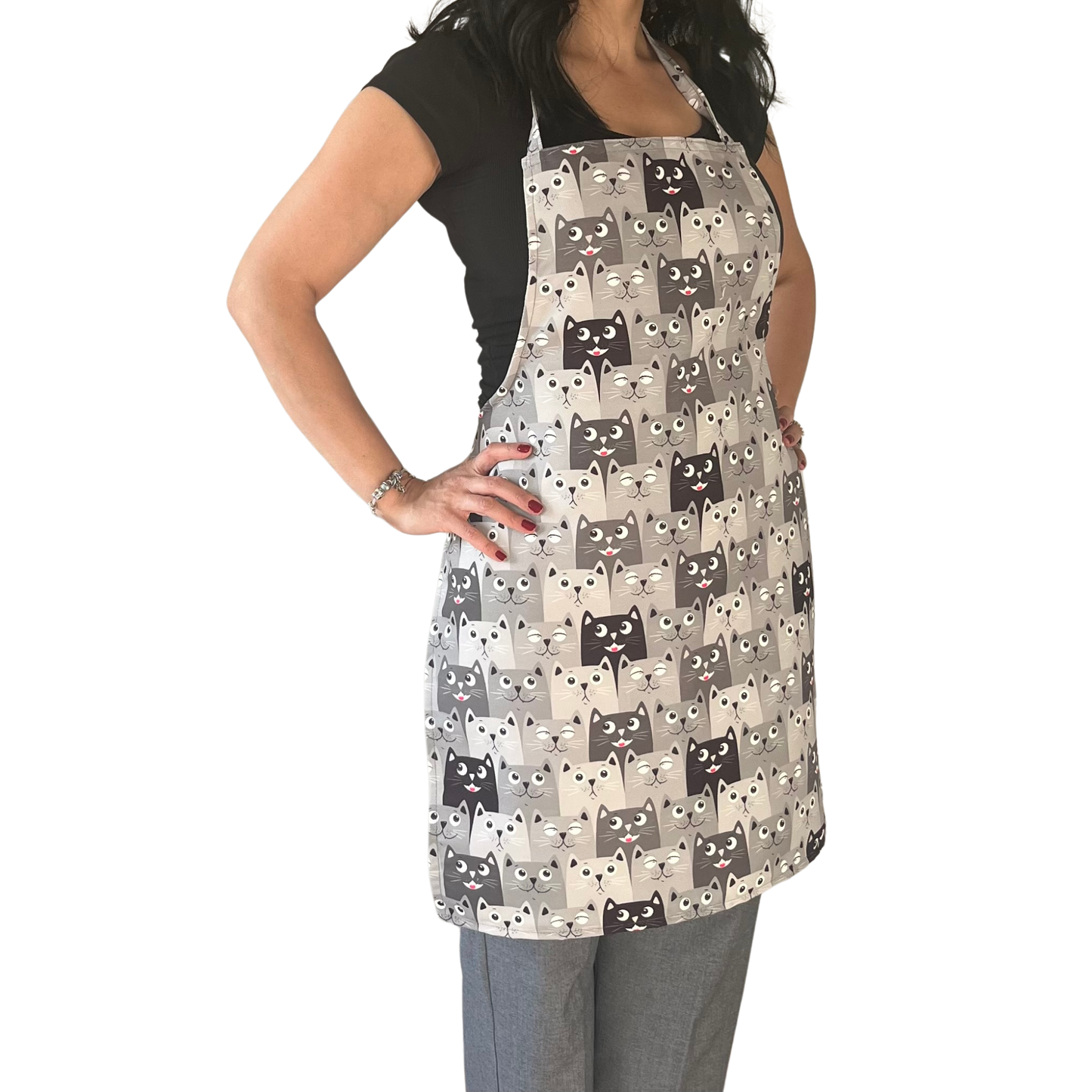 Handmade Cat Print Apron – Cute Grey, Black & White Cat Face Kitchen Apron for Cooking & Crafting