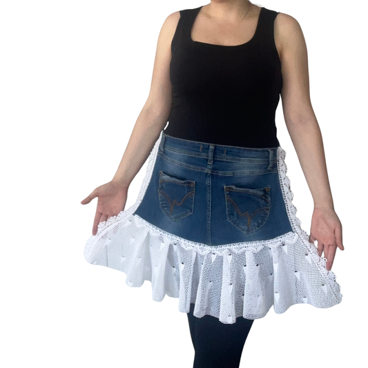 Upcycled Denim Half Apron with Lace Trim – Handmade Kitchen Apron