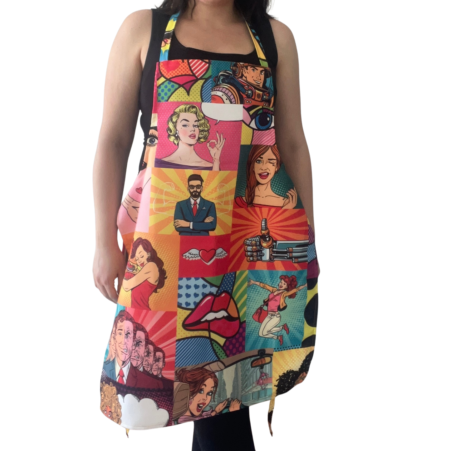 Handmade Pop Art Apron – Colorful Comic Style Kitchen Apron with Retro Illustrations – Fun Gift for Cooking & Baking Lovers