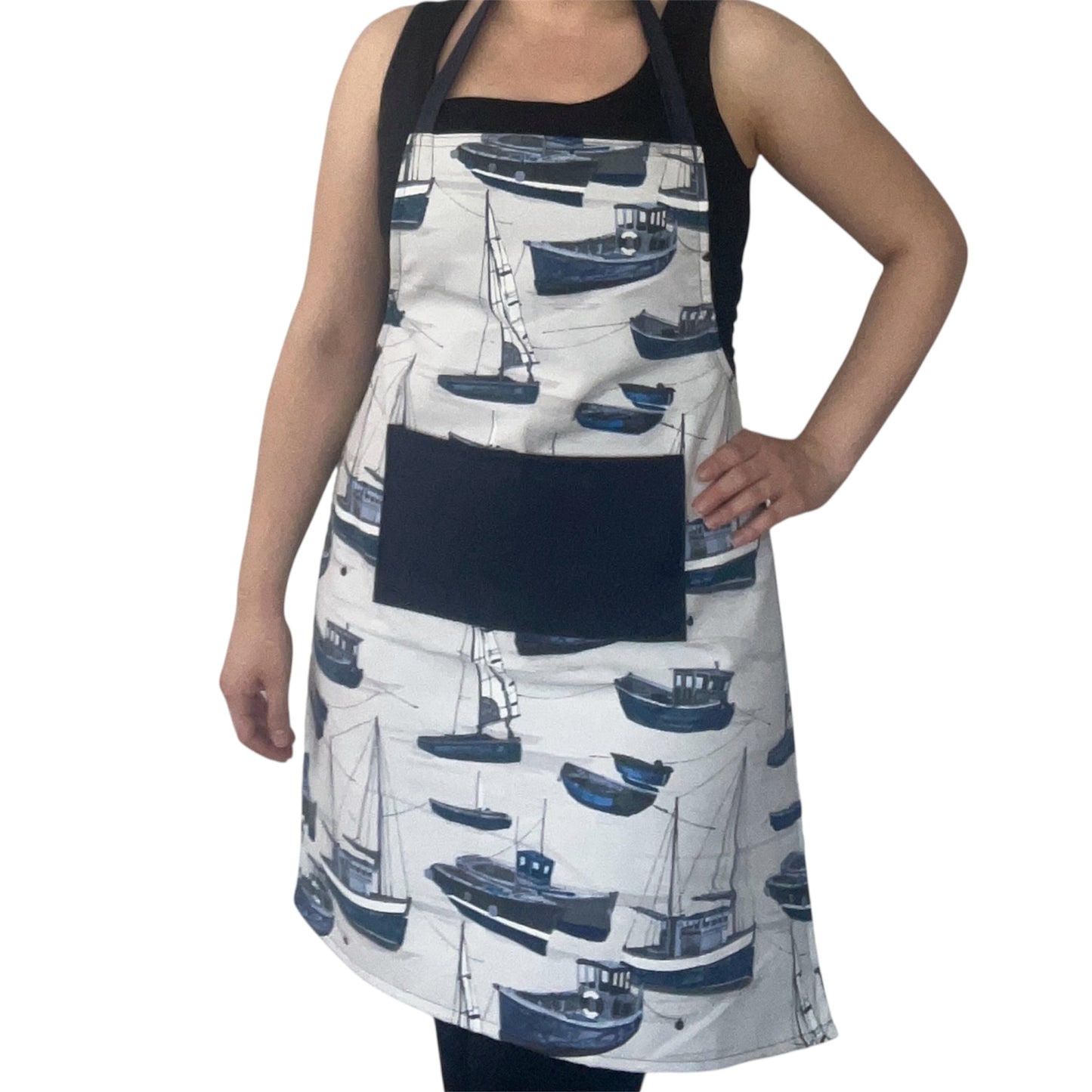 Handmade Nautical Apron & Matching Bread Bag Set – Navy Boat Print