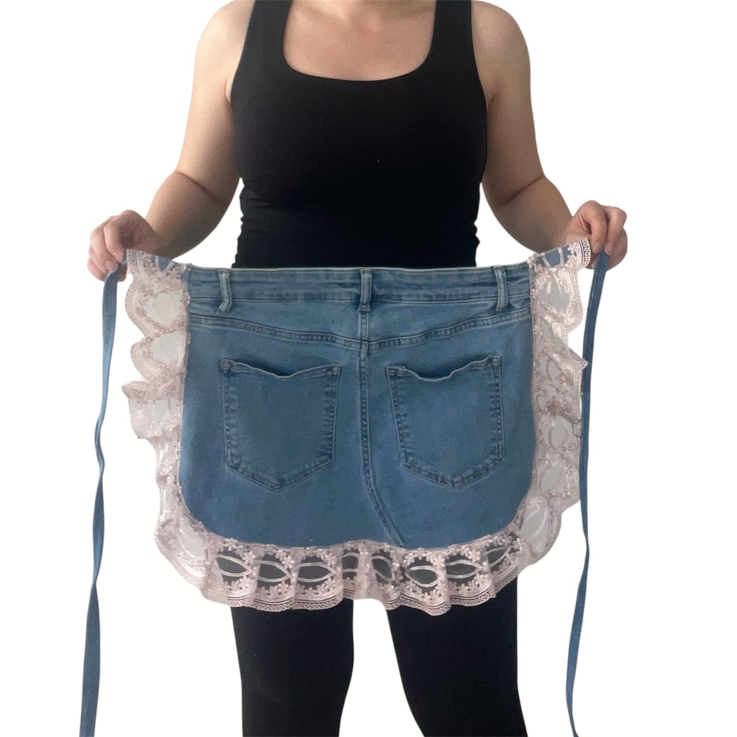 Upcycled Denim Half Apron with Lace Trim – Handmade Jean Waist Apron with Pockets