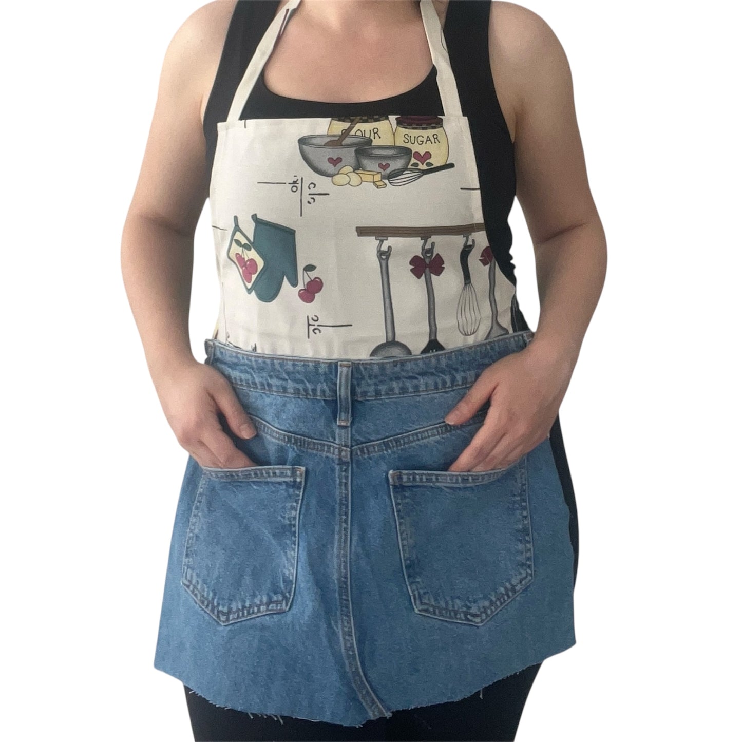 Handmade Denim Kitchen Apron – Upcycled Jeans Cooking Apron with Illustrated Print