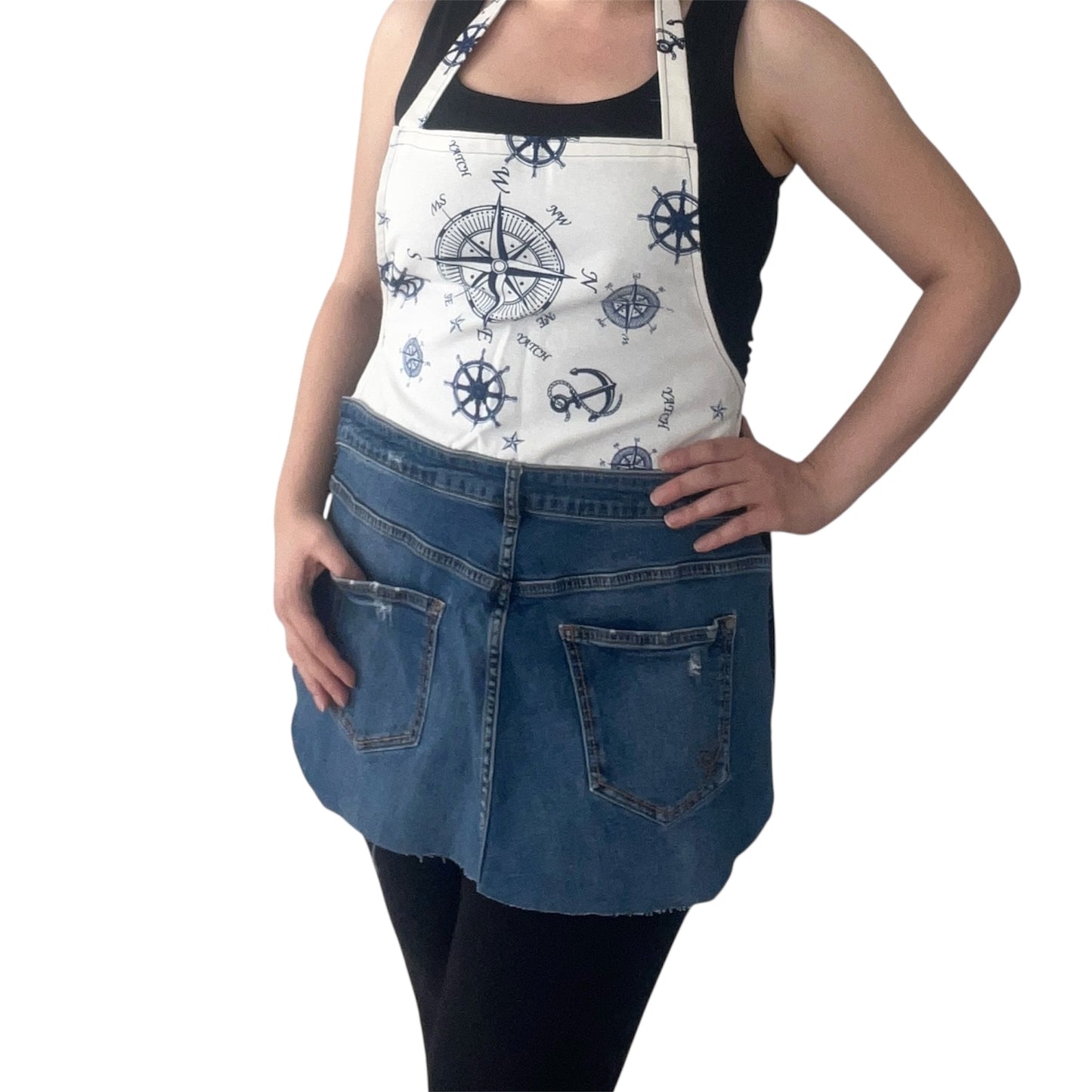 Handmade Nautical Compass Apron – Upcycled Denim Kitchen Apron