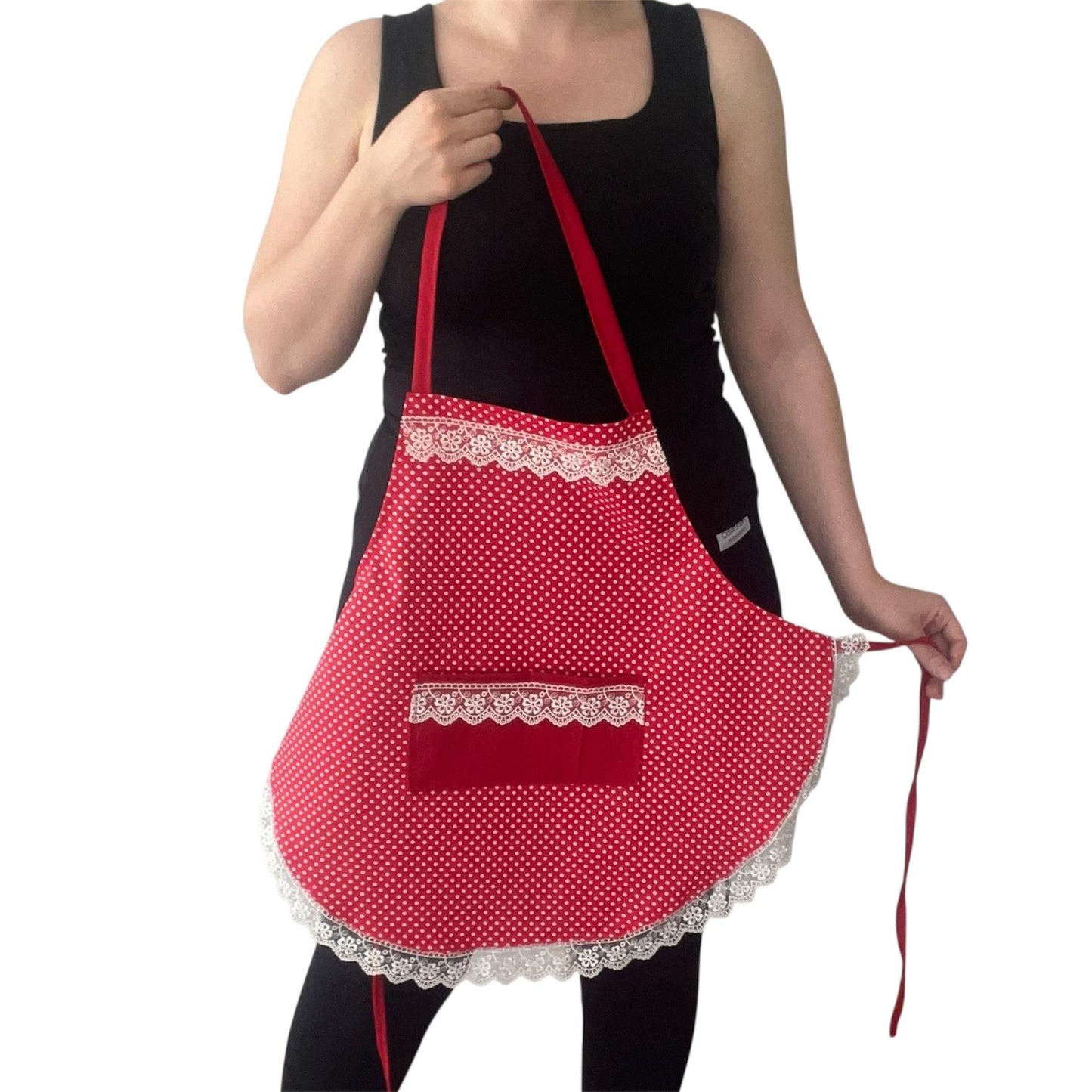 Handmade Red Polka Dot Apron with Lace Trim & Pocket | Romantic Vintage Water-Repellent Kitchen Apron