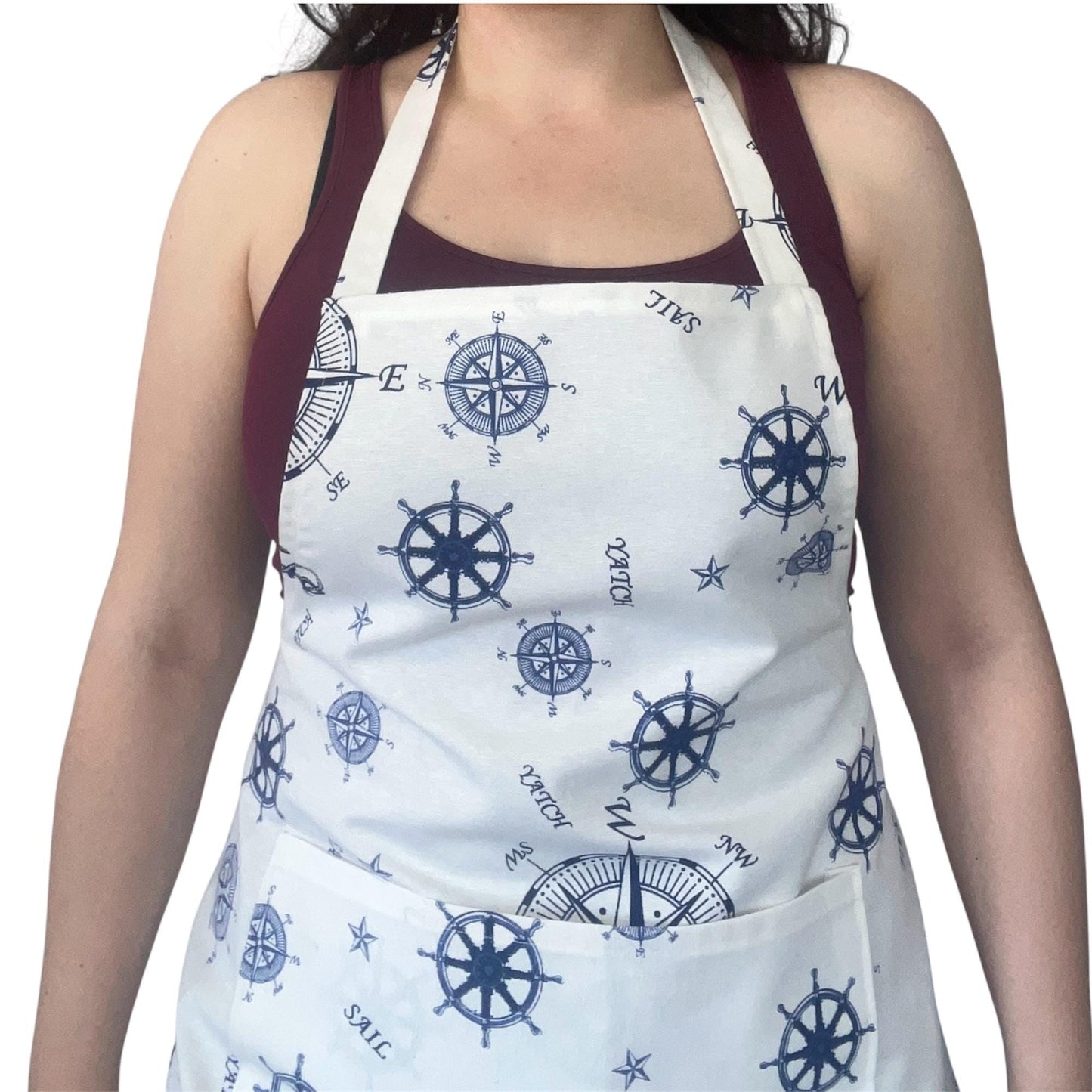 Handmade Nautical Apron – Compass & Ship Wheel Pattern | Water-Repellent, Stain-Resistant, Coastal Kitchen Gift