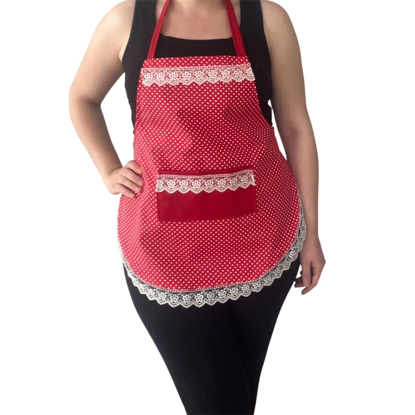 Handmade Red Polka Dot Apron with Lace Trim & Pocket | Romantic Vintage Water-Repellent Kitchen Apron