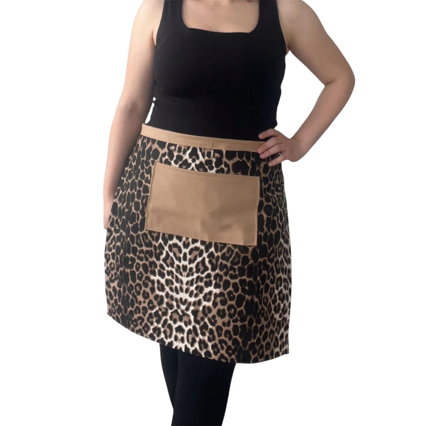 Leopard Print Half Apron with Beige Pocket | Water-Repellent Handmade Kitchen Apron