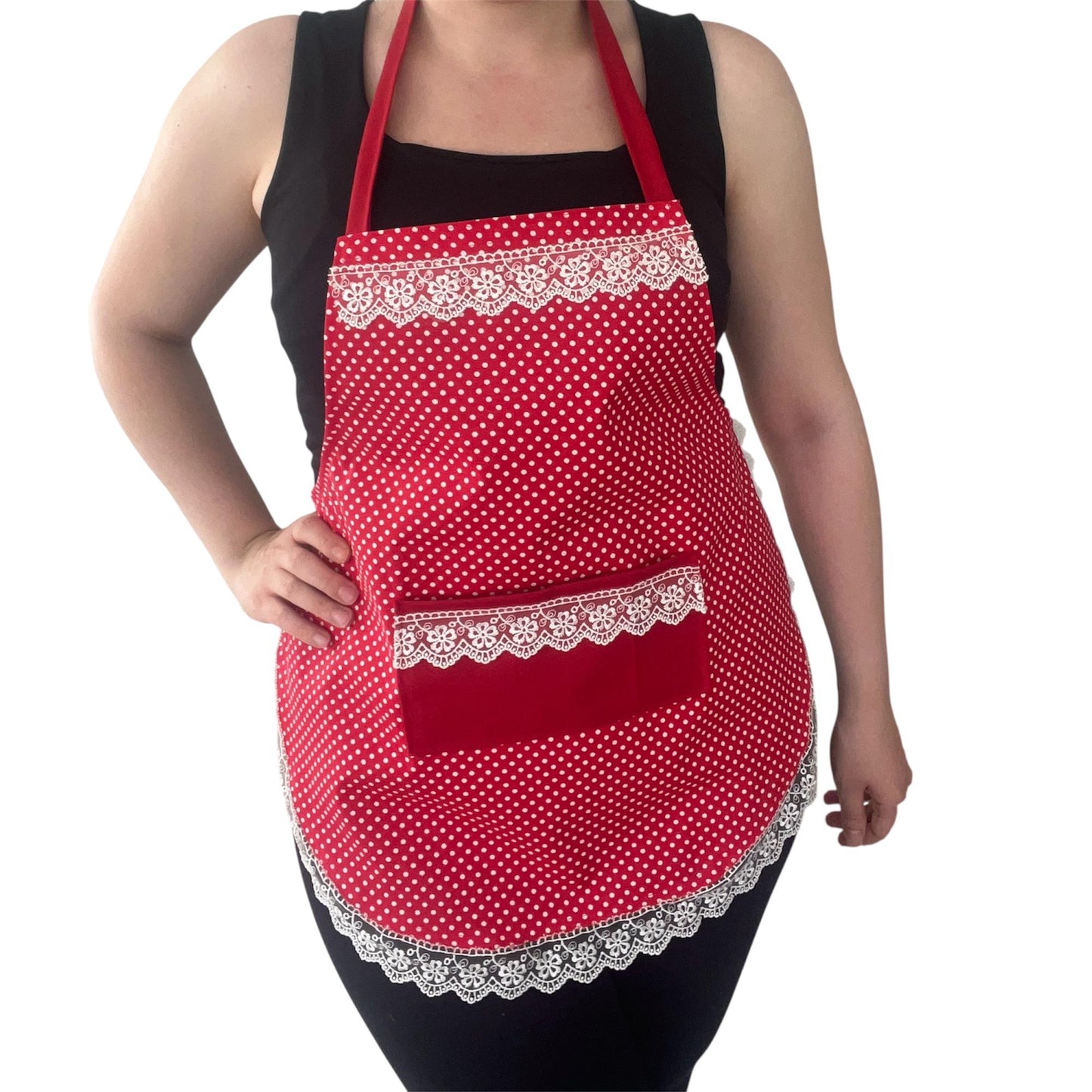 Handmade Red Polka Dot Apron with Lace Trim & Pocket | Romantic Vintage Water-Repellent Kitchen Apron