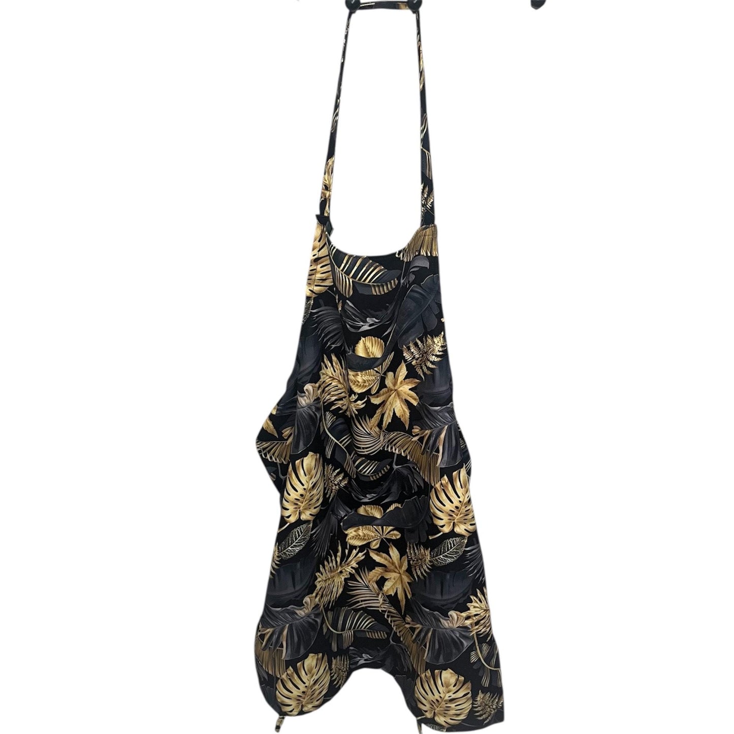 Elegant Black & Gold Tropical Leaves Apron | Handmade Botanical Kitchen Cooking & Baking Apron
