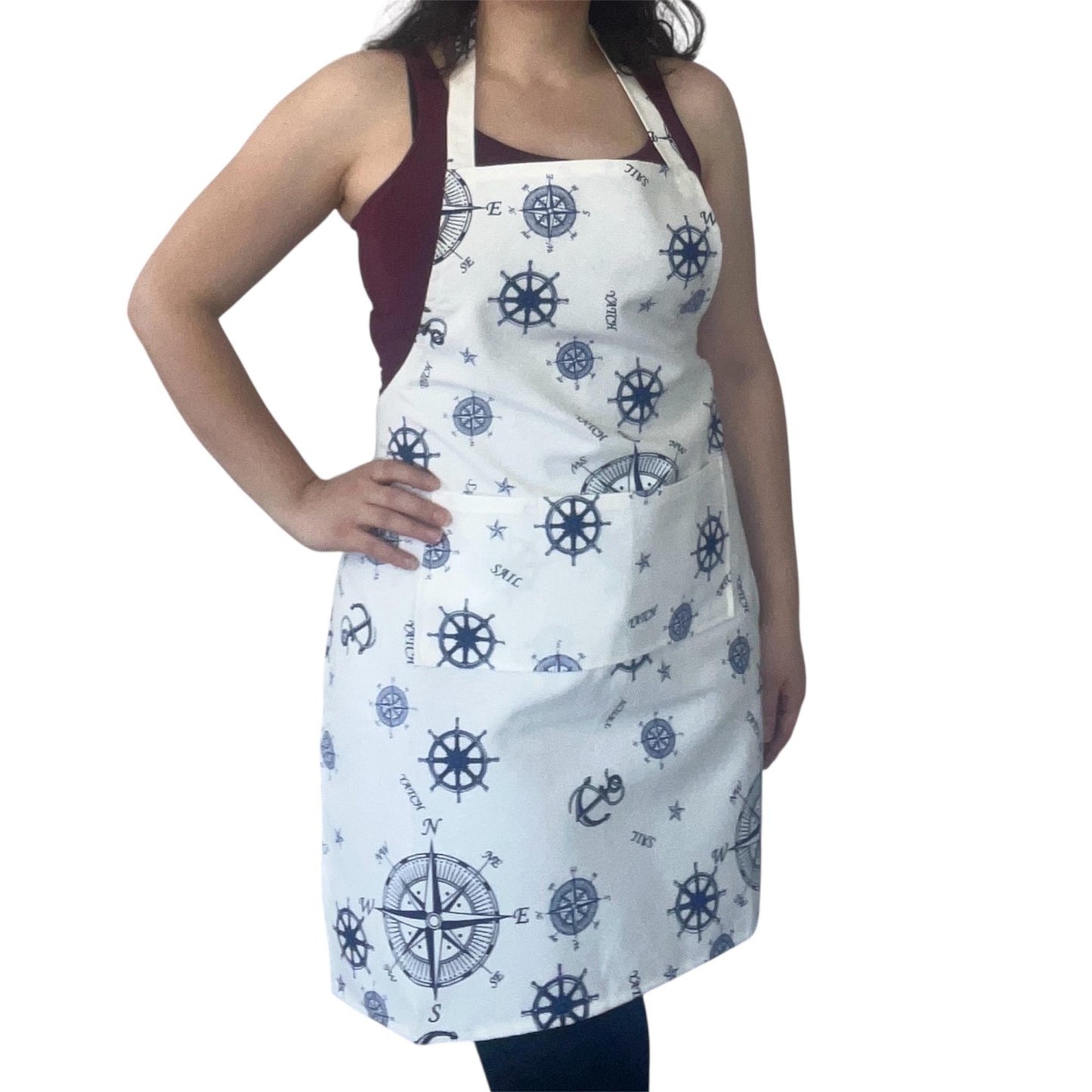 Handmade Nautical Apron – Compass & Ship Wheel Pattern | Water-Repellent, Stain-Resistant, Coastal Kitchen Gift