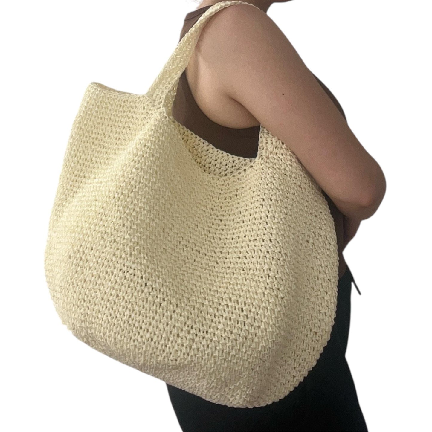 Handmade Crochet Solid Tote Bag – Ecru Oversized Summer Beach & Market Bag – Durable Paper Yarn Shoulder Tote