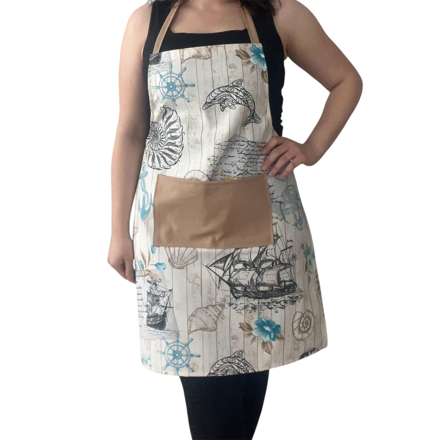 Nautical Print Full Apron with Beige Pocket | Water-Repellent Handmade Cotton Blend Kitchen Apron – Ships, Anchors & Ocean Design