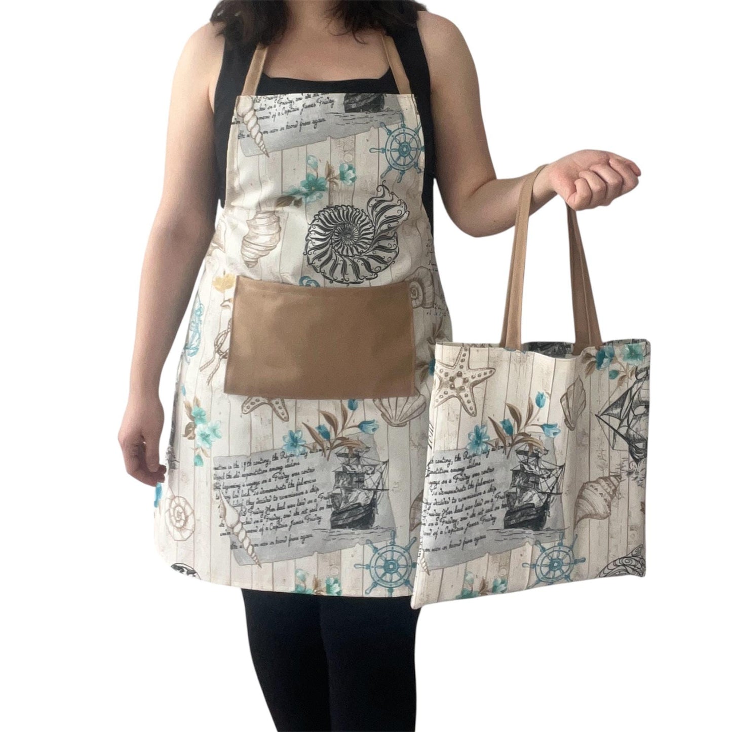 Nautical Apron with Beige Pocket & Tote Bag | Handmade Water-Repellent Cotton Blend Kitchen Set – Coastal Ships & Anchors Design