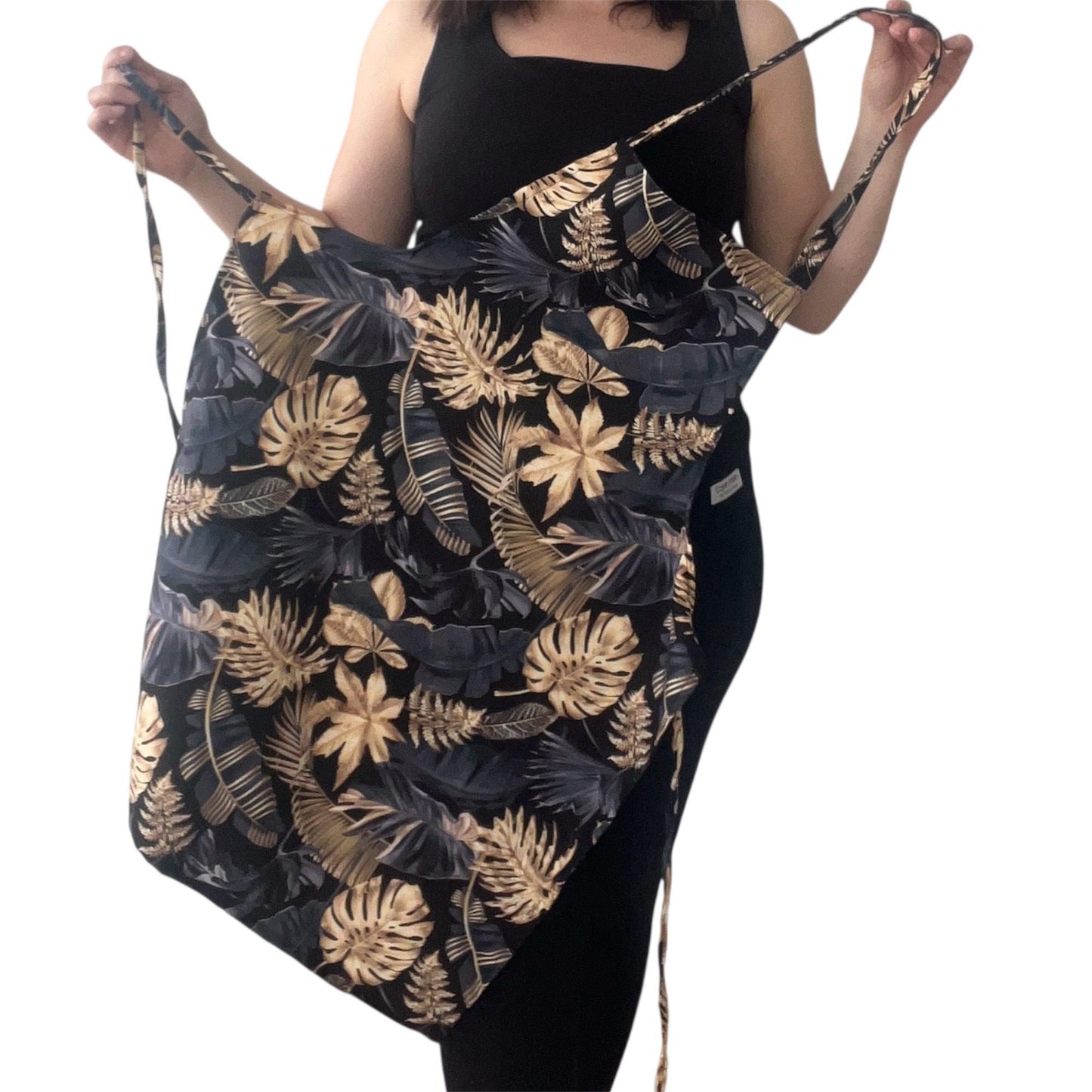 Elegant Black & Gold Tropical Leaves Apron | Handmade Botanical Kitchen Cooking & Baking Apron