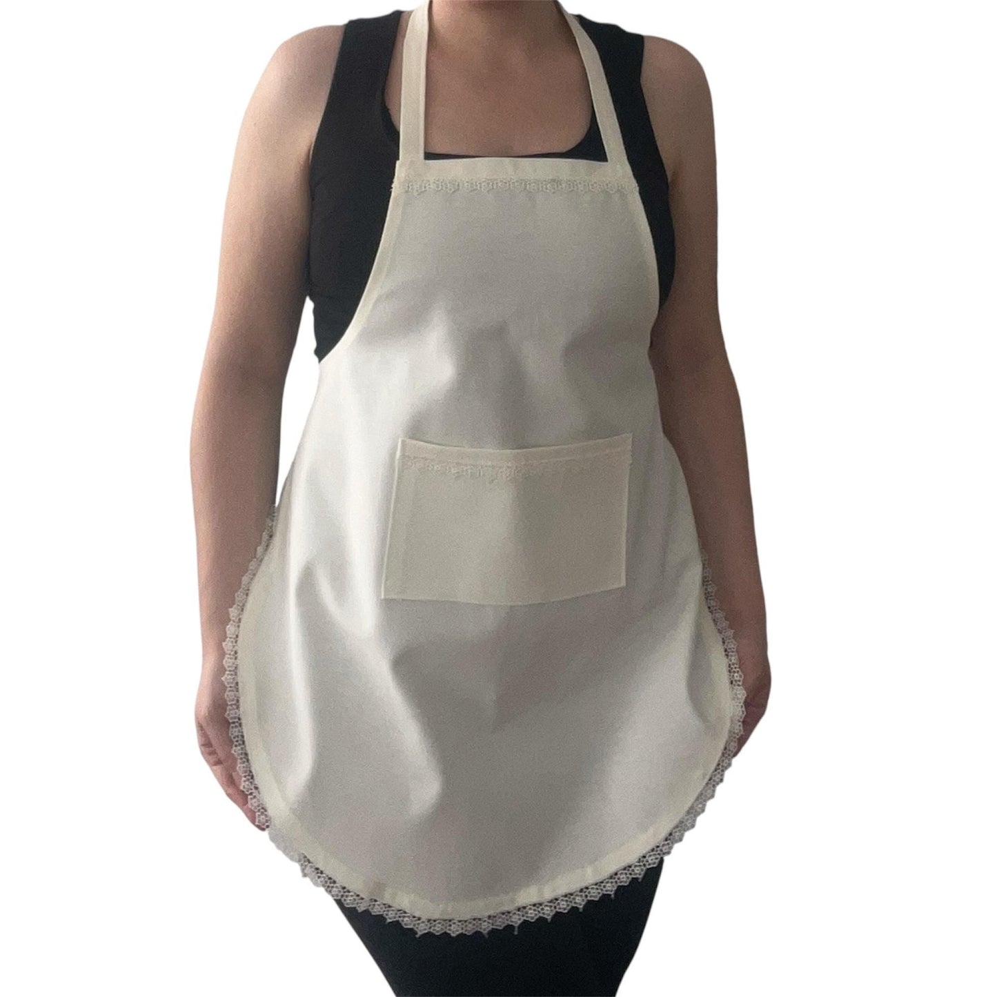 Handmade Ecru Full Apron with Lace Trim & Pocket | Water & Stain Resistant Cotton Blend Kitchen Cooking Apron