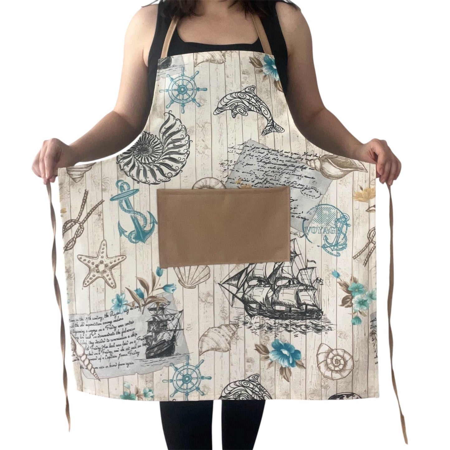 Nautical Print Full Apron with Beige Pocket | Water-Repellent Handmade Cotton Blend Kitchen Apron – Ships, Anchors & Ocean Design