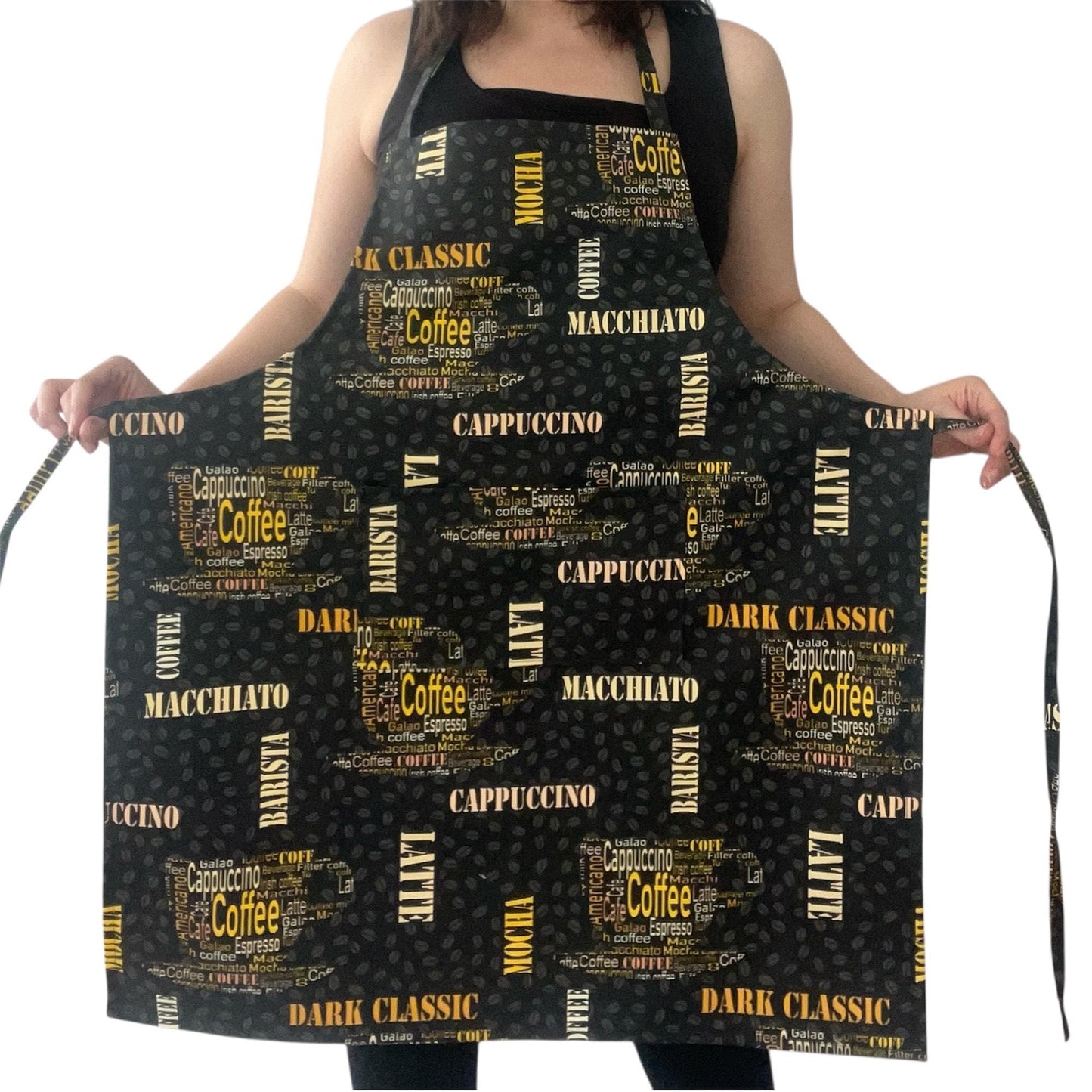 Water & Stain Resistant Coffee Print Apron | Handmade Black Kitchen Apron with Pocket