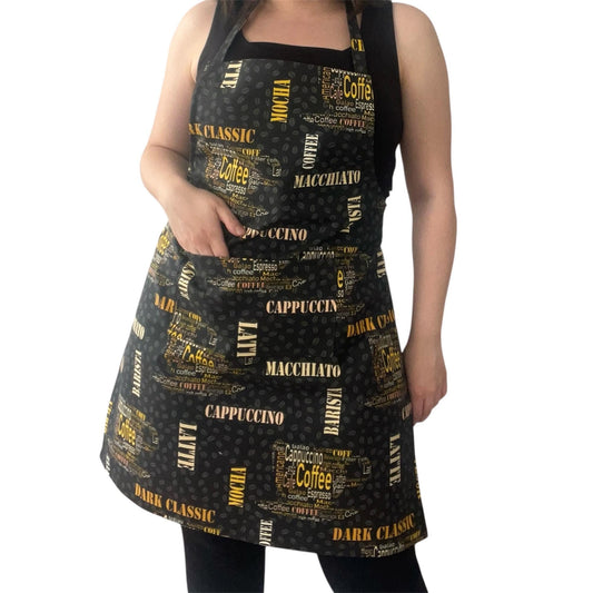 Water & Stain Resistant Coffee Print Apron | Handmade Black Kitchen Apron with Pocket