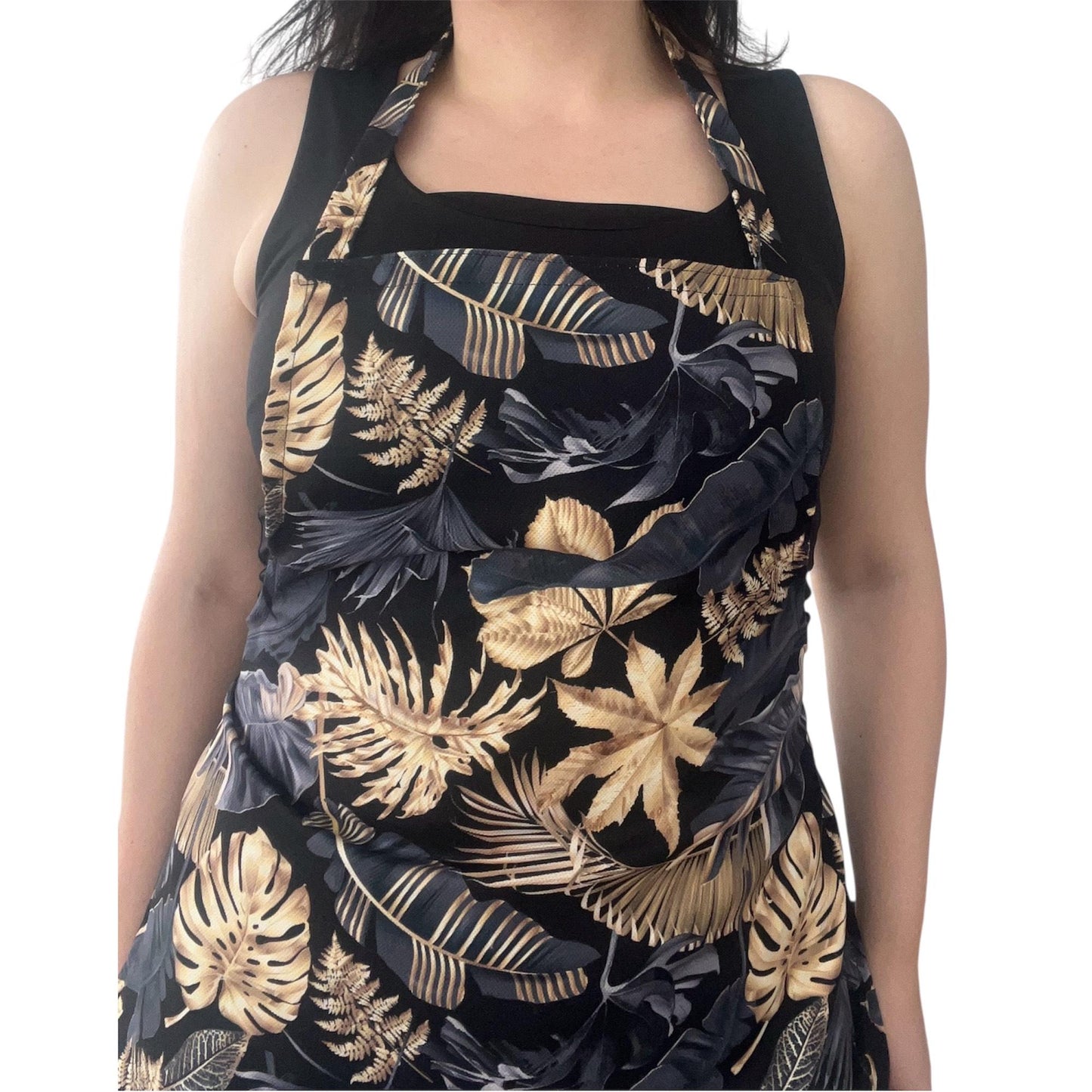 Elegant Black & Gold Tropical Leaves Apron | Handmade Botanical Kitchen Cooking & Baking Apron