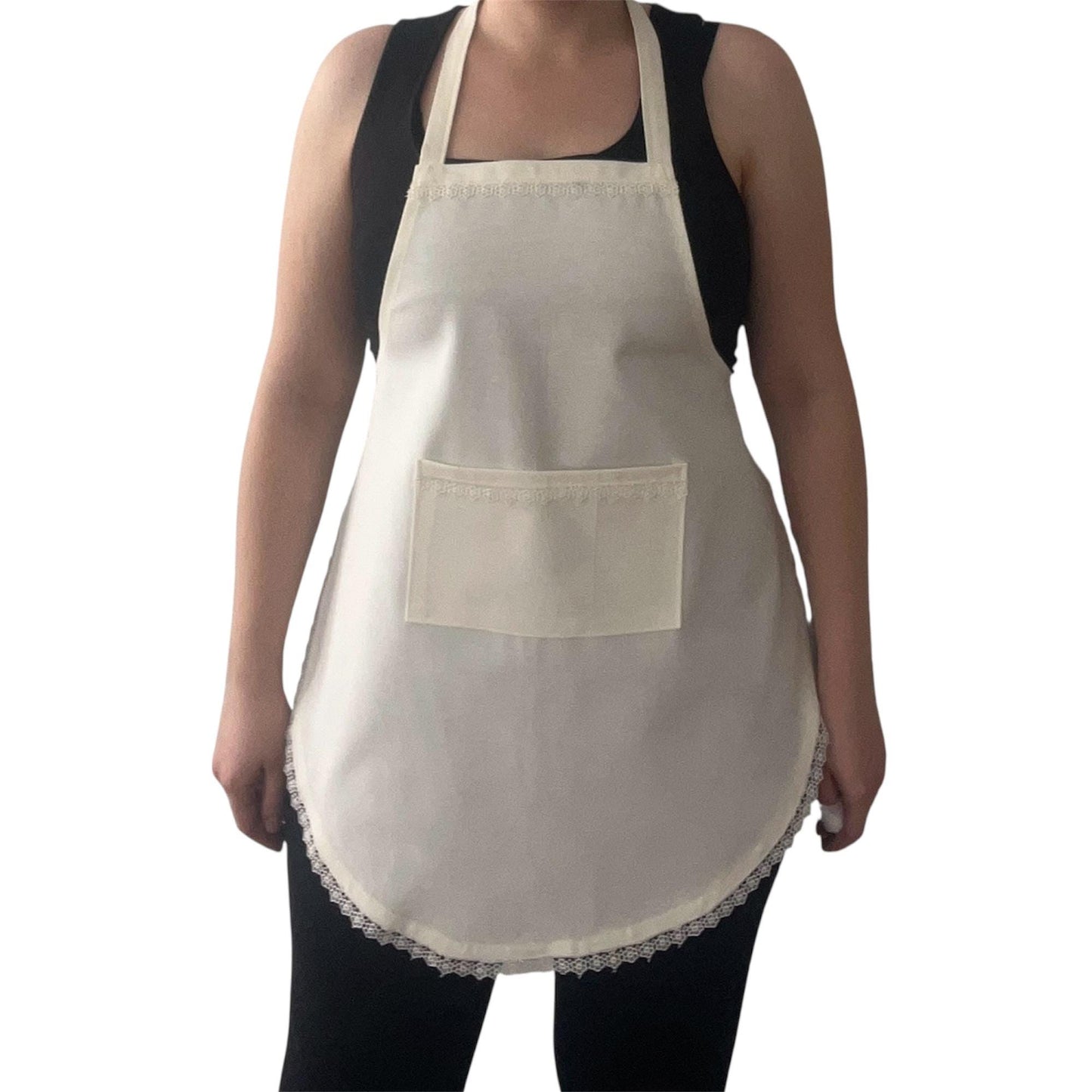 Handmade Ecru Full Apron with Lace Trim & Pocket | Water & Stain Resistant Cotton Blend Kitchen Cooking Apron