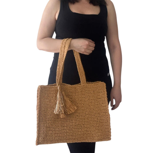 Handmade Crochet Mesh Tote Bag – Natural Straw Color, Summer Beach Bag, Eco-Friendly Market Bag