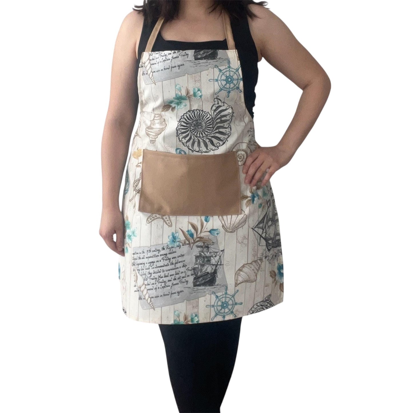 Nautical Apron with Beige Pocket & Tote Bag | Handmade Water-Repellent Cotton Blend Kitchen Set – Coastal Ships & Anchors Design