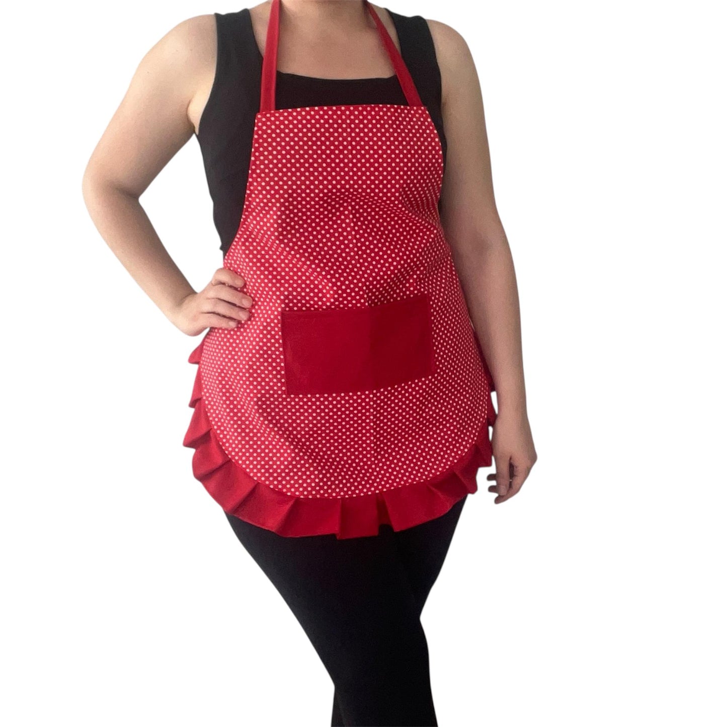 Vintage Red Polka Dot Apron with Ruffles & Pocket | Handmade Retro Water-Repellent Kitchen Cooking Apron