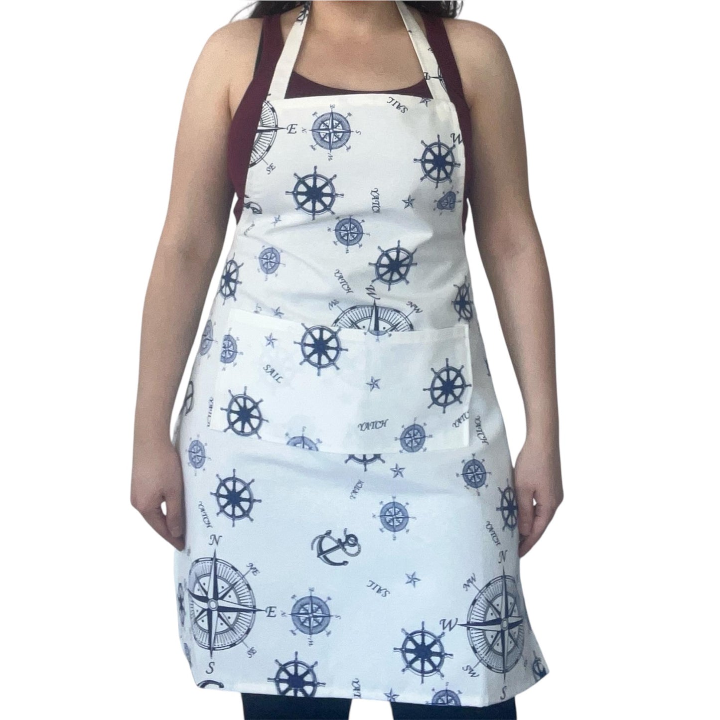 Handmade Nautical Apron – Compass & Ship Wheel Pattern | Water-Repellent, Stain-Resistant, Coastal Kitchen Gift