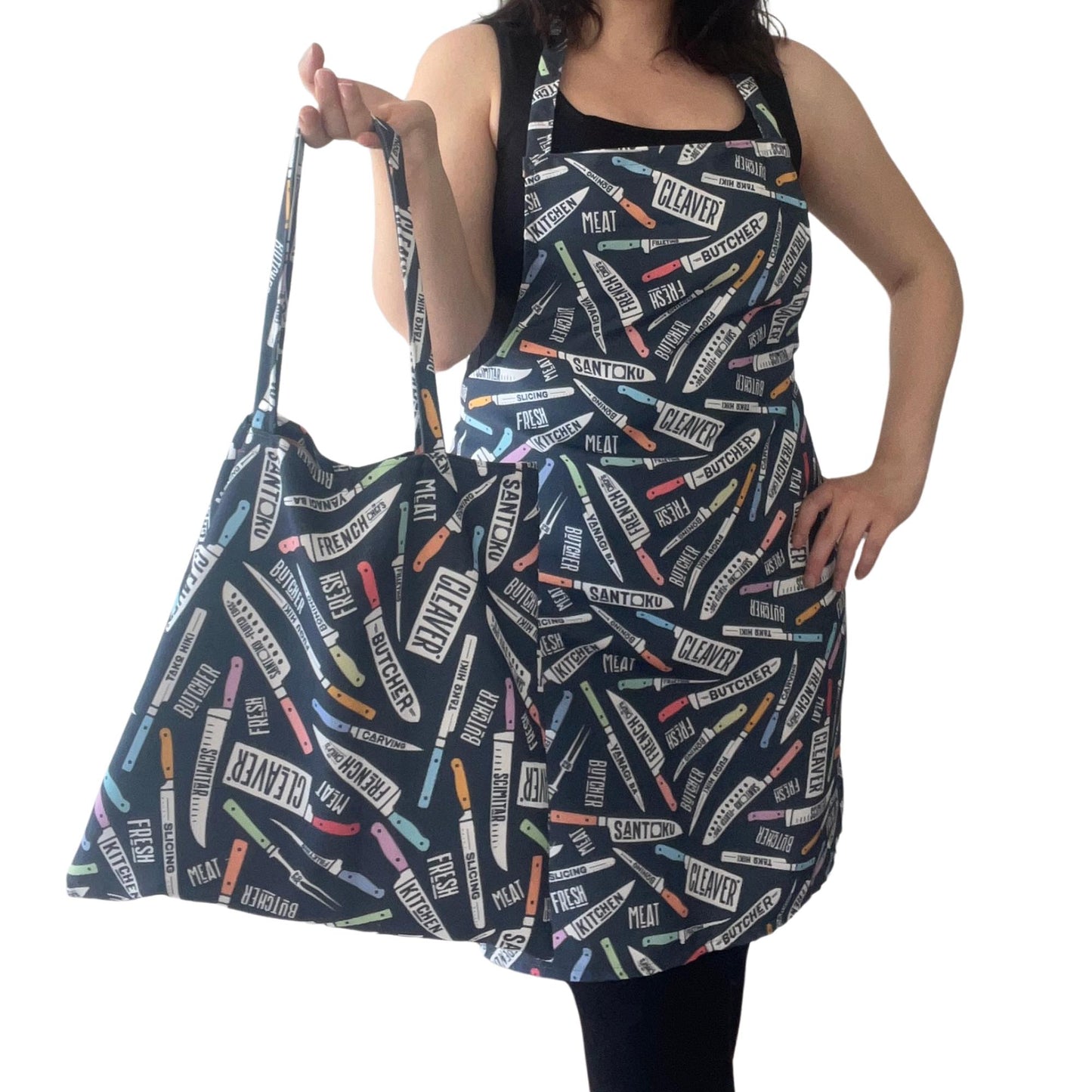 Handmade Knife Print Apron – Optional Matching Tote Bag | Bold Kitchen Gift for Chefs & Food Lovers