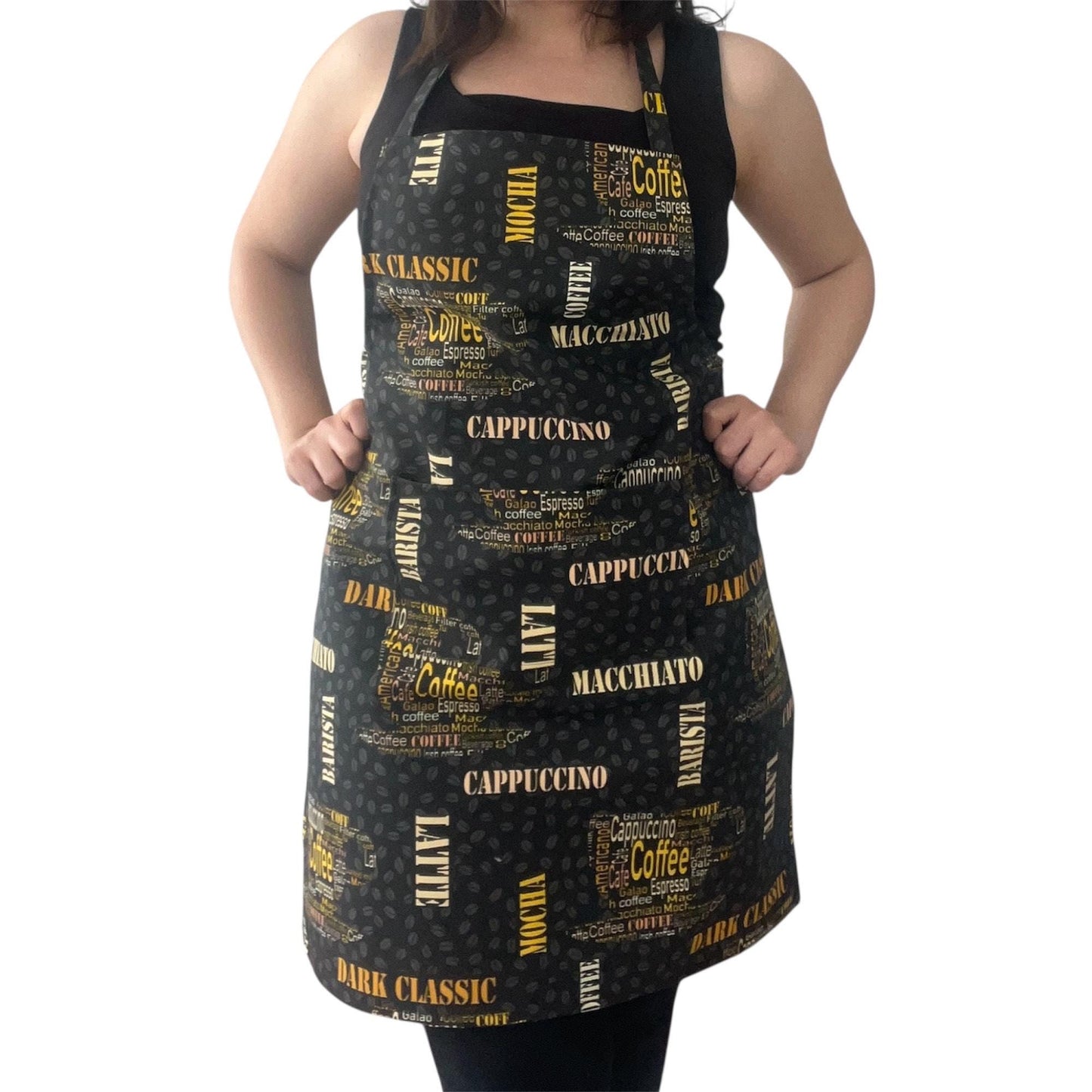 Water & Stain Resistant Coffee Print Apron | Handmade Black Kitchen Apron with Pocket
