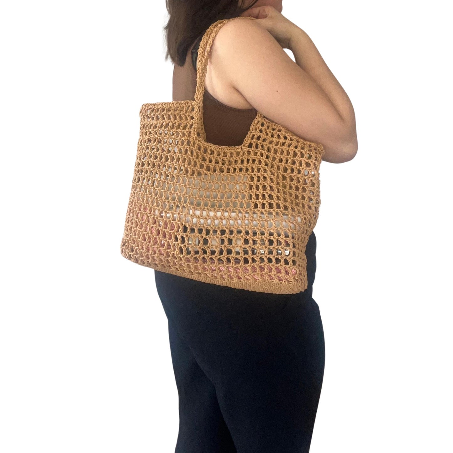 Handmade Crochet Mesh Tote Bag | Natural Straw Color Paper Yarn Summer Beach & Market Bag