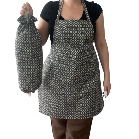 Handmade Grey Floral Apron & Matching Plastic Bag Holder – Full Bib Kitchen Apron with Pocket – Water-Repellent & Stain-Resistant Cooking Set