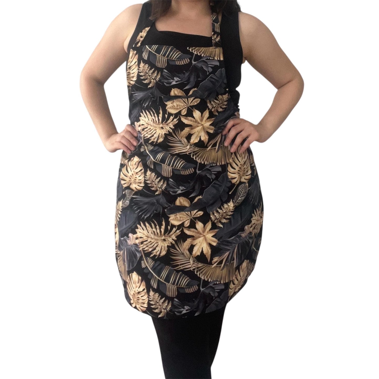 Elegant Black & Gold Tropical Leaves Apron | Handmade Botanical Kitchen Cooking & Baking Apron