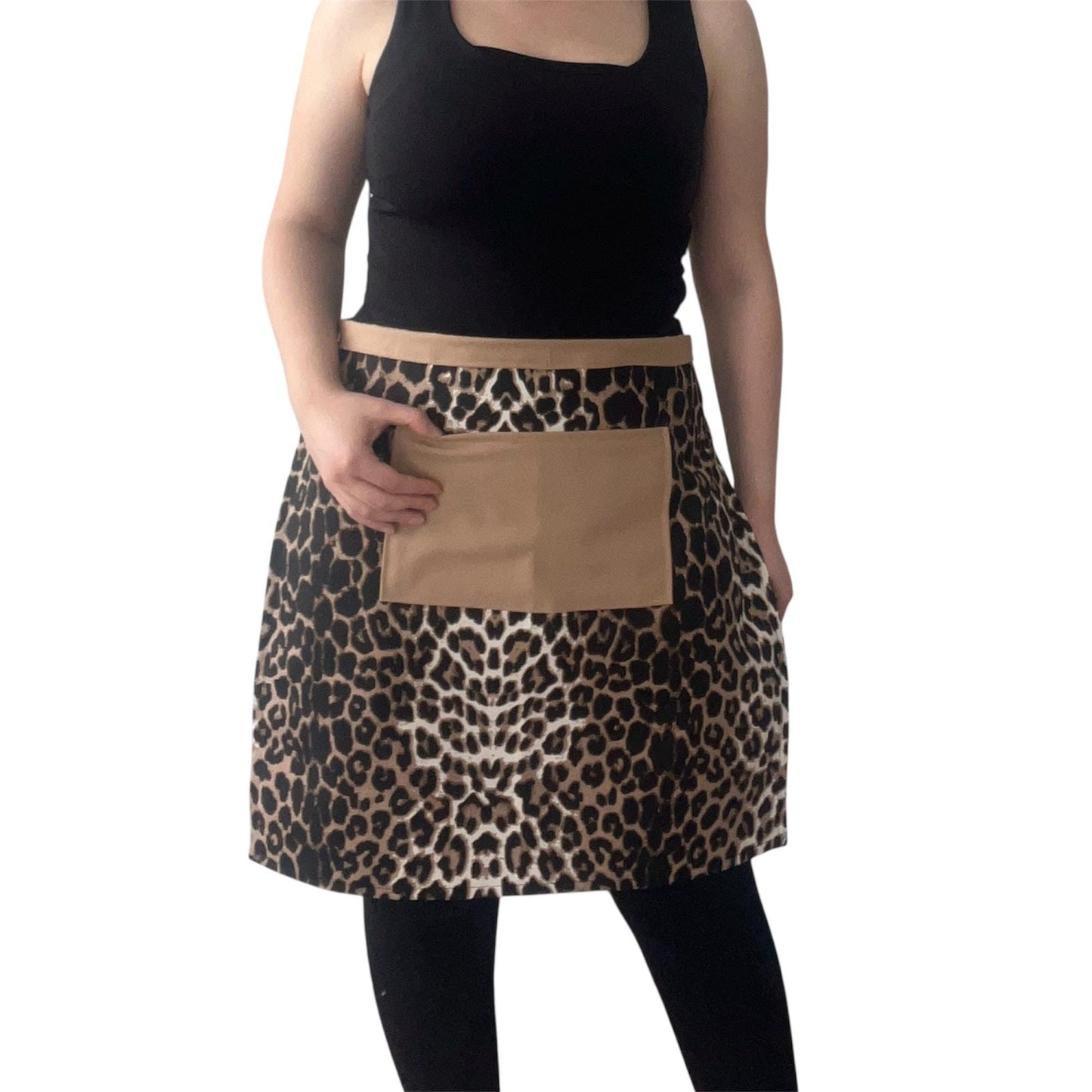 Leopard Print Half Apron with Beige Pocket | Water-Repellent Handmade Kitchen Apron