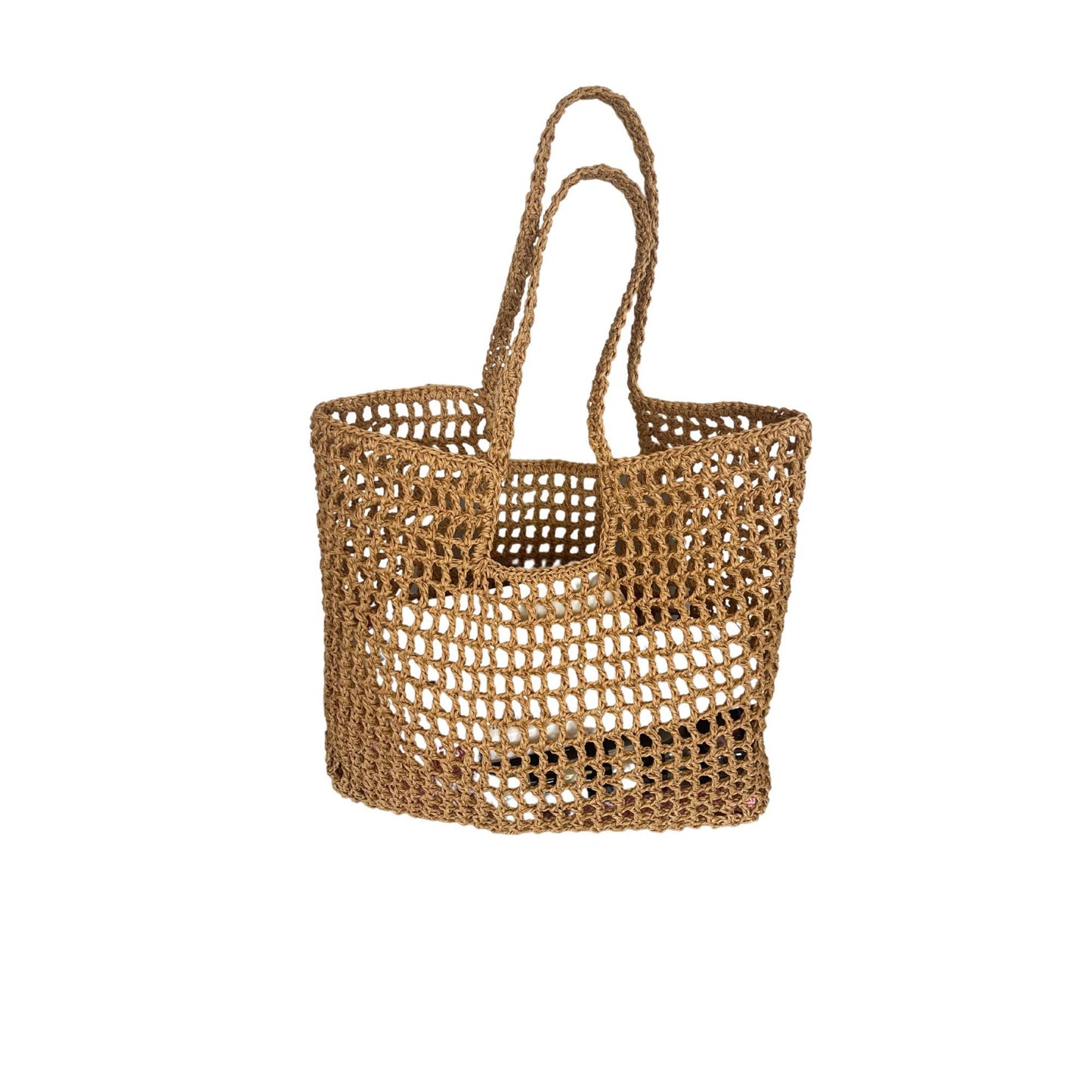 Handmade Crochet Mesh Tote Bag | Natural Straw Color Paper Yarn Summer Beach & Market Bag