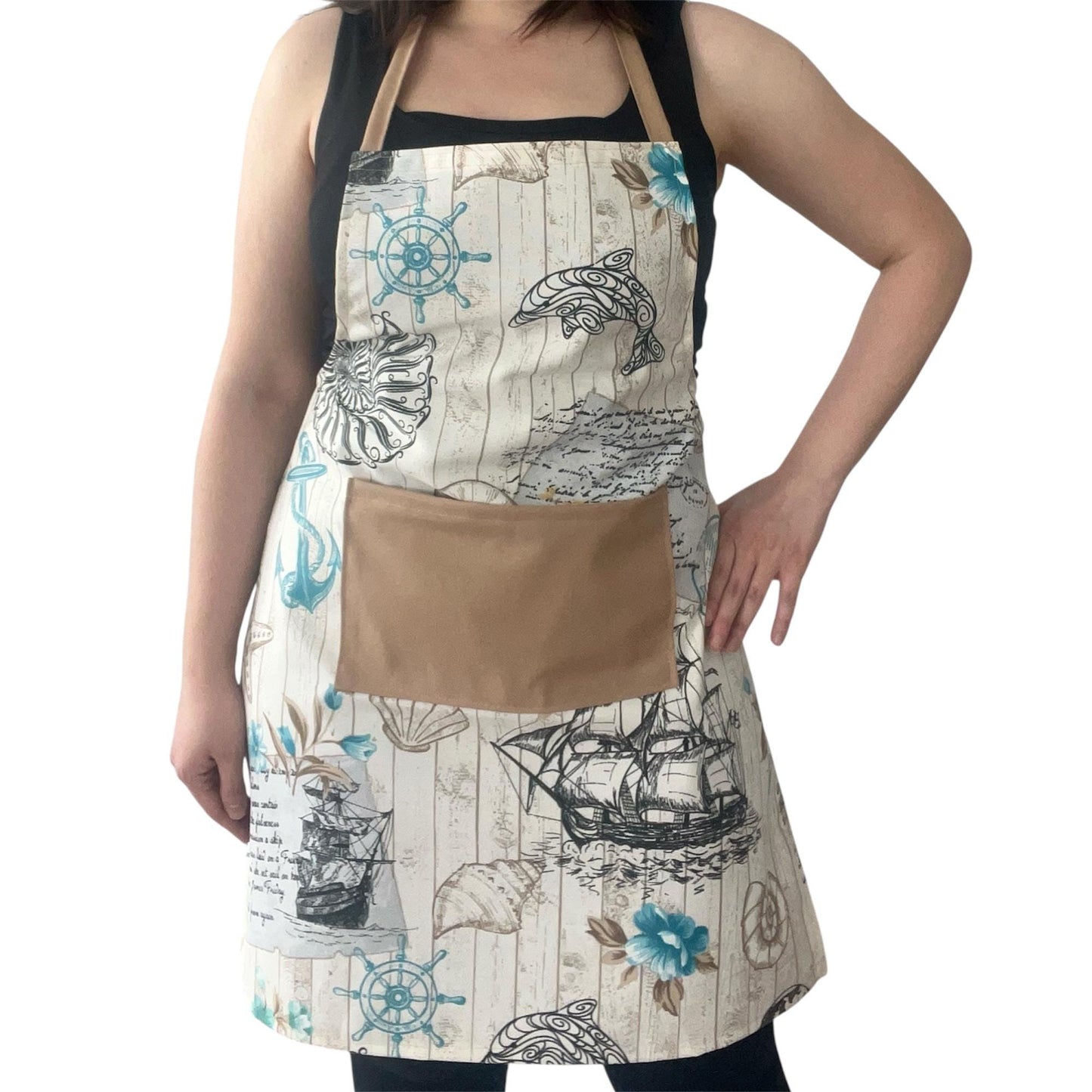 Nautical Print Full Apron with Beige Pocket | Water-Repellent Handmade Cotton Blend Kitchen Apron – Ships, Anchors & Ocean Design