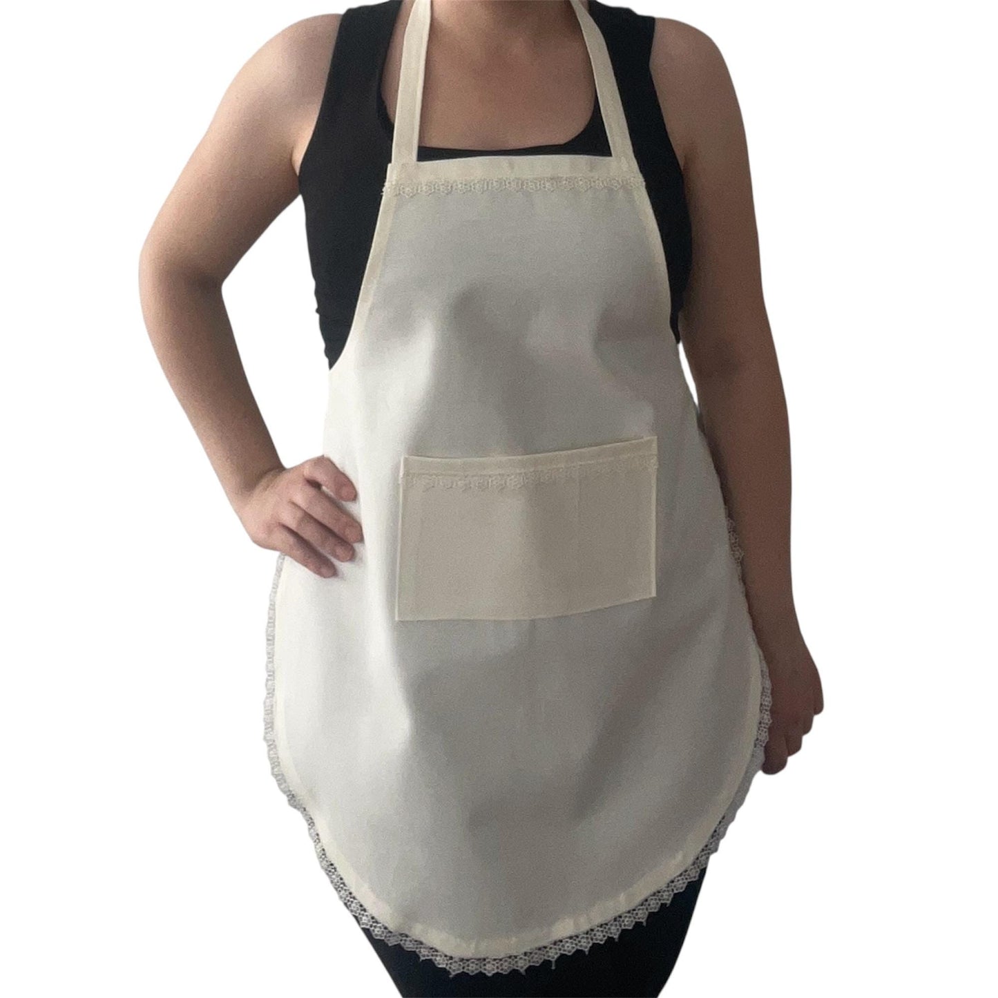 Handmade Ecru Full Apron with Lace Trim & Pocket | Water & Stain Resistant Cotton Blend Kitchen Cooking Apron