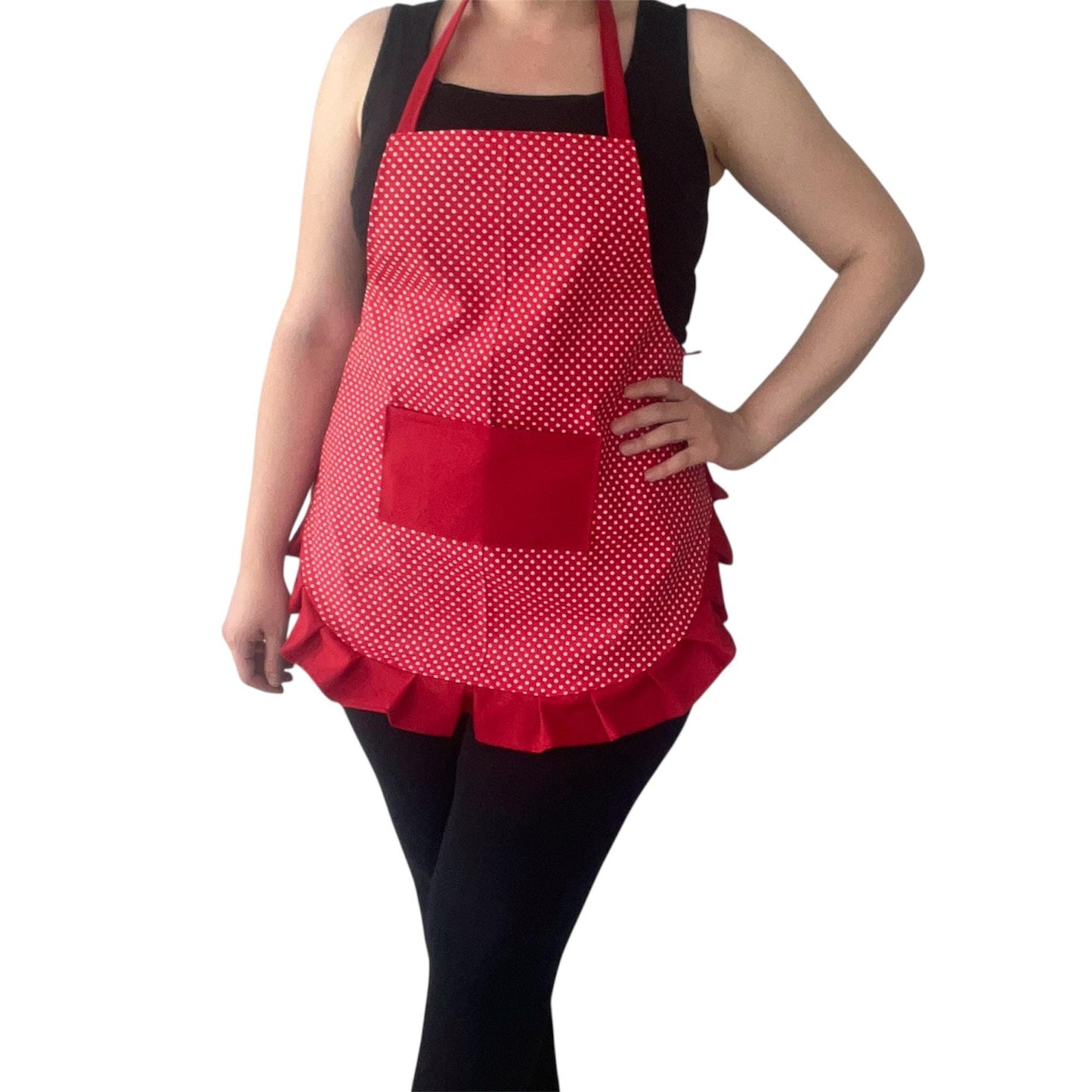 Vintage Red Polka Dot Apron with Ruffles & Pocket | Handmade Retro Water-Repellent Kitchen Cooking Apron
