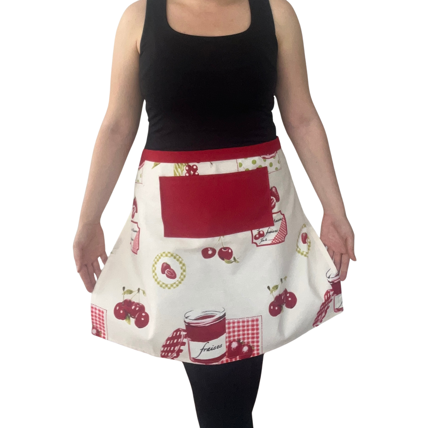 Handmade Cherry Print Half Apron – Red Pocket Kitchen Waist Apron, Water-Resistant Baking & Cooking Gift