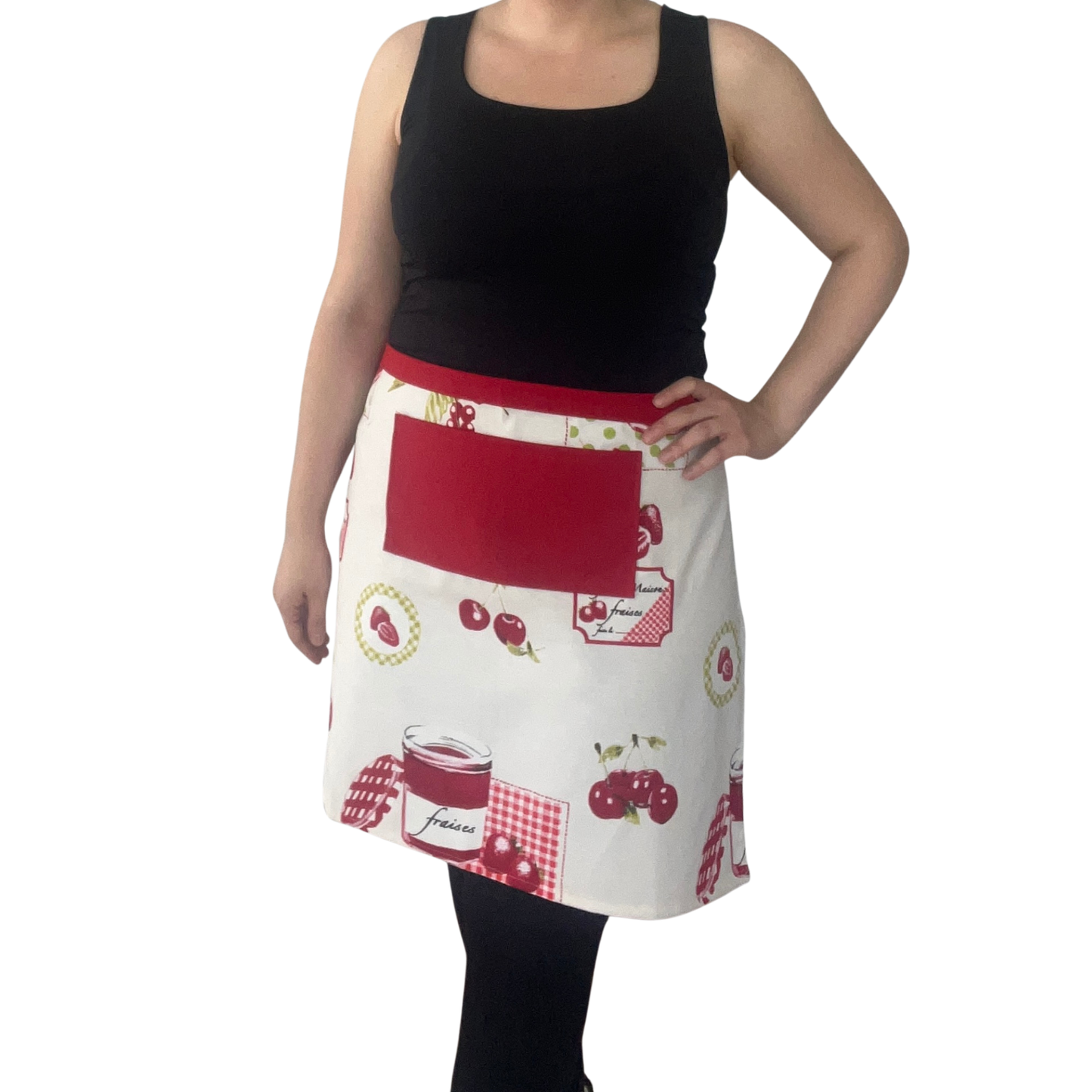 Handmade Cherry Print Half Apron – Red Pocket Kitchen Waist Apron, Water-Resistant Baking & Cooking Gift