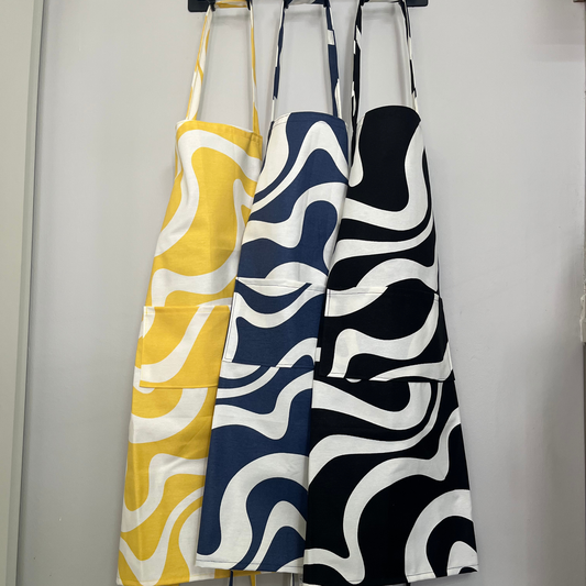 Handmade Water-Resistant Apron with Bold Wavy Print – Blue, Yellow, or Black