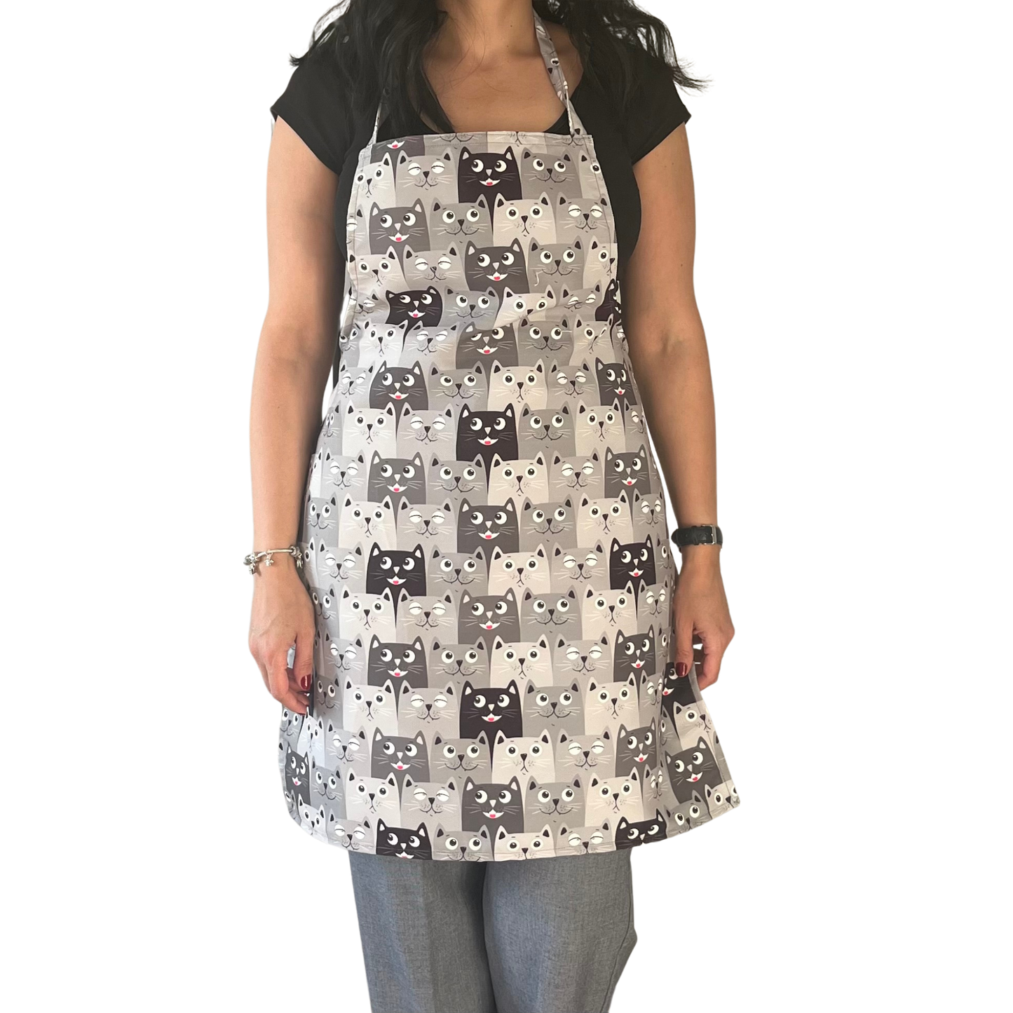 Handmade Cat Print Apron – Cute Grey, Black & White Cat Face Kitchen Apron for Cooking & Crafting