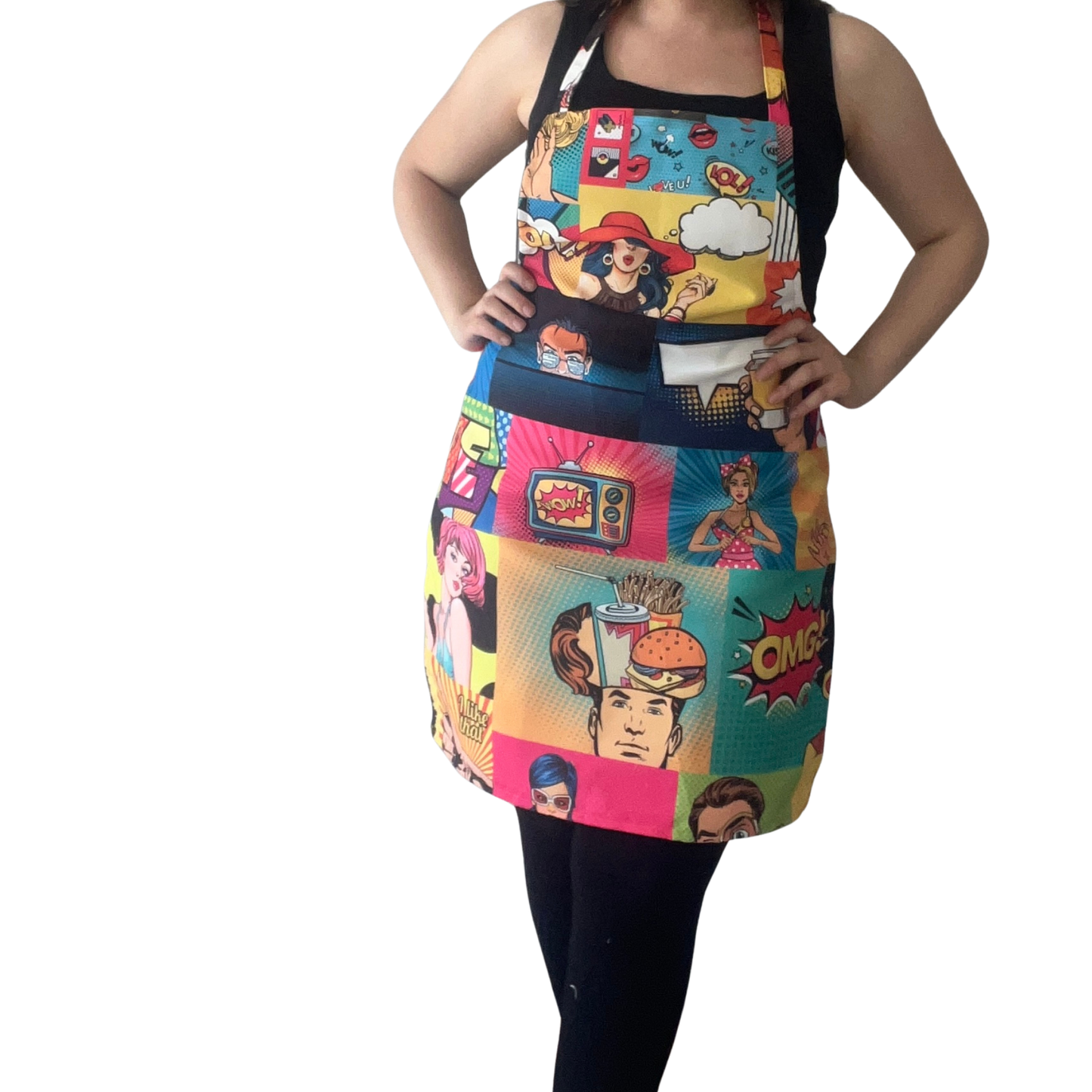 Handmade Pop Art Kitchen Apron – Colorful Comic Print Cooking Apron, Fun Food & Lifestyle Pattern, Unique Gift for Chefs & Home Cooks