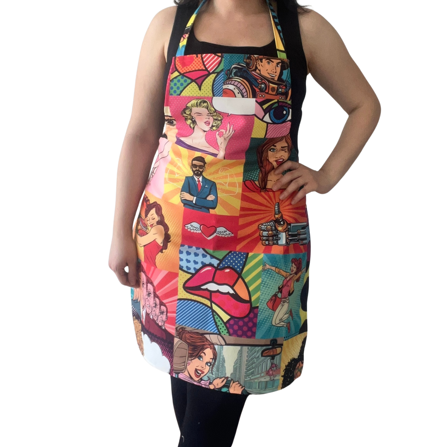 Handmade Pop Art Apron – Colorful Comic Style Kitchen Apron with Retro Illustrations – Fun Gift for Cooking & Baking Lovers